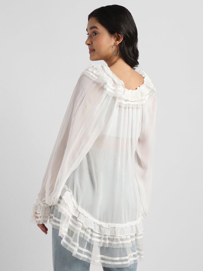 Women White Frilled high low hem top