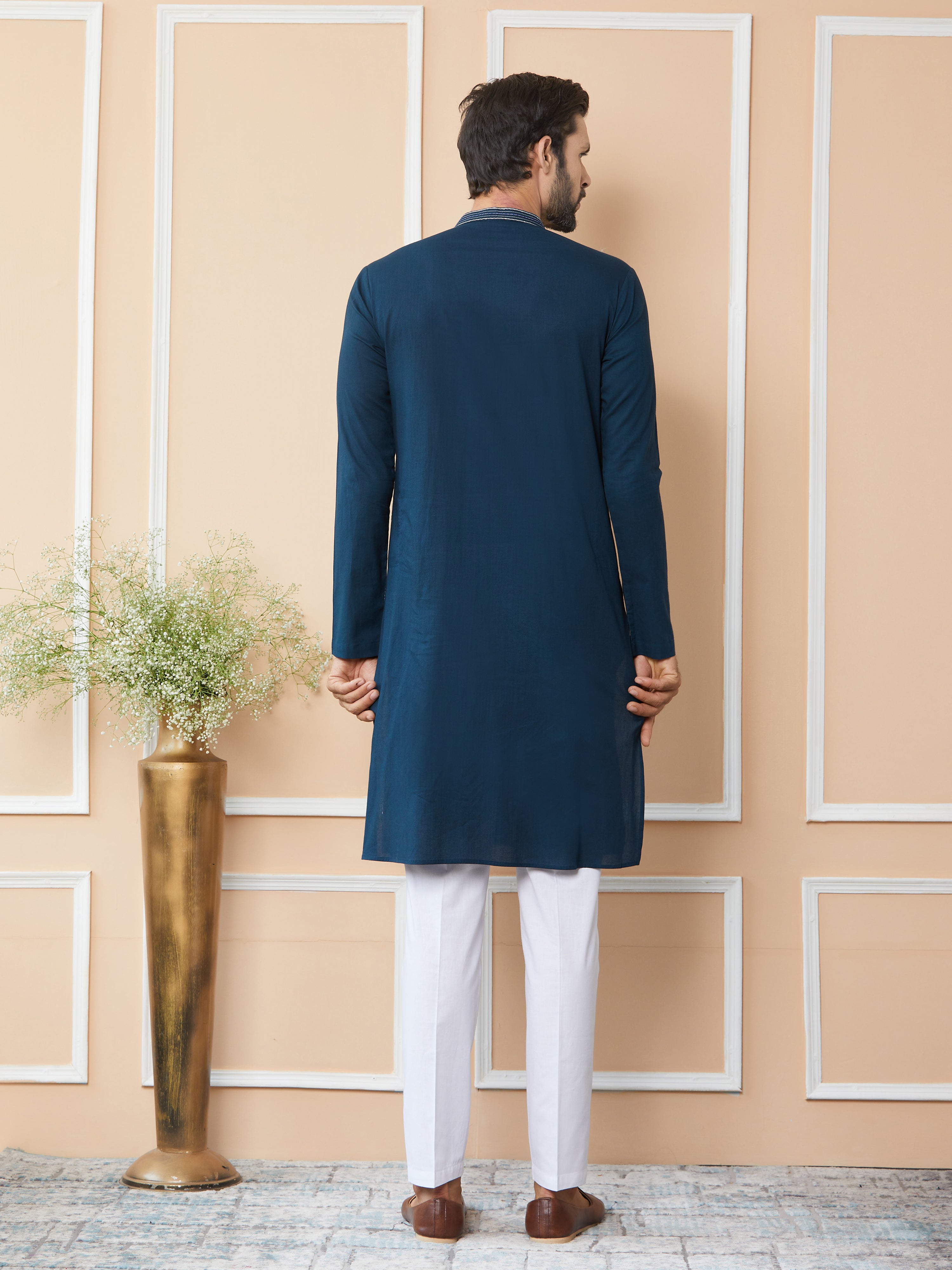 Men Dark Blue Thread & Sequin Worked Pure Cotton Straight Kurta