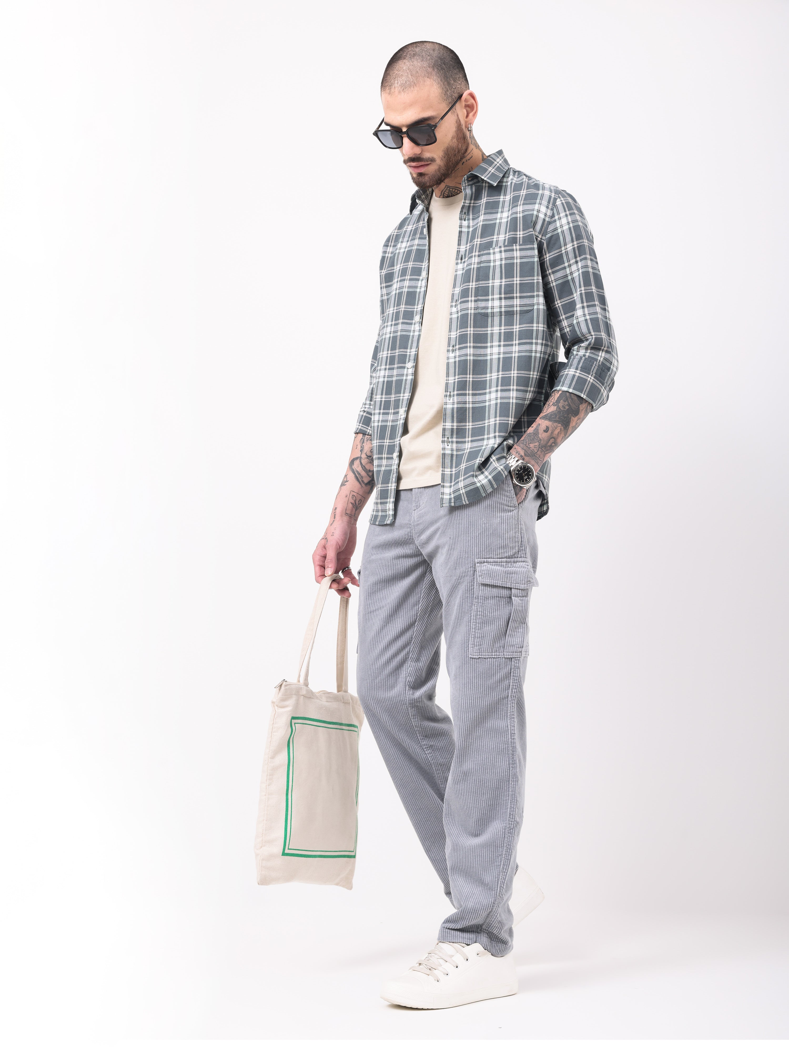 Men Grey Corduroy Regular Fit Cargo Pants