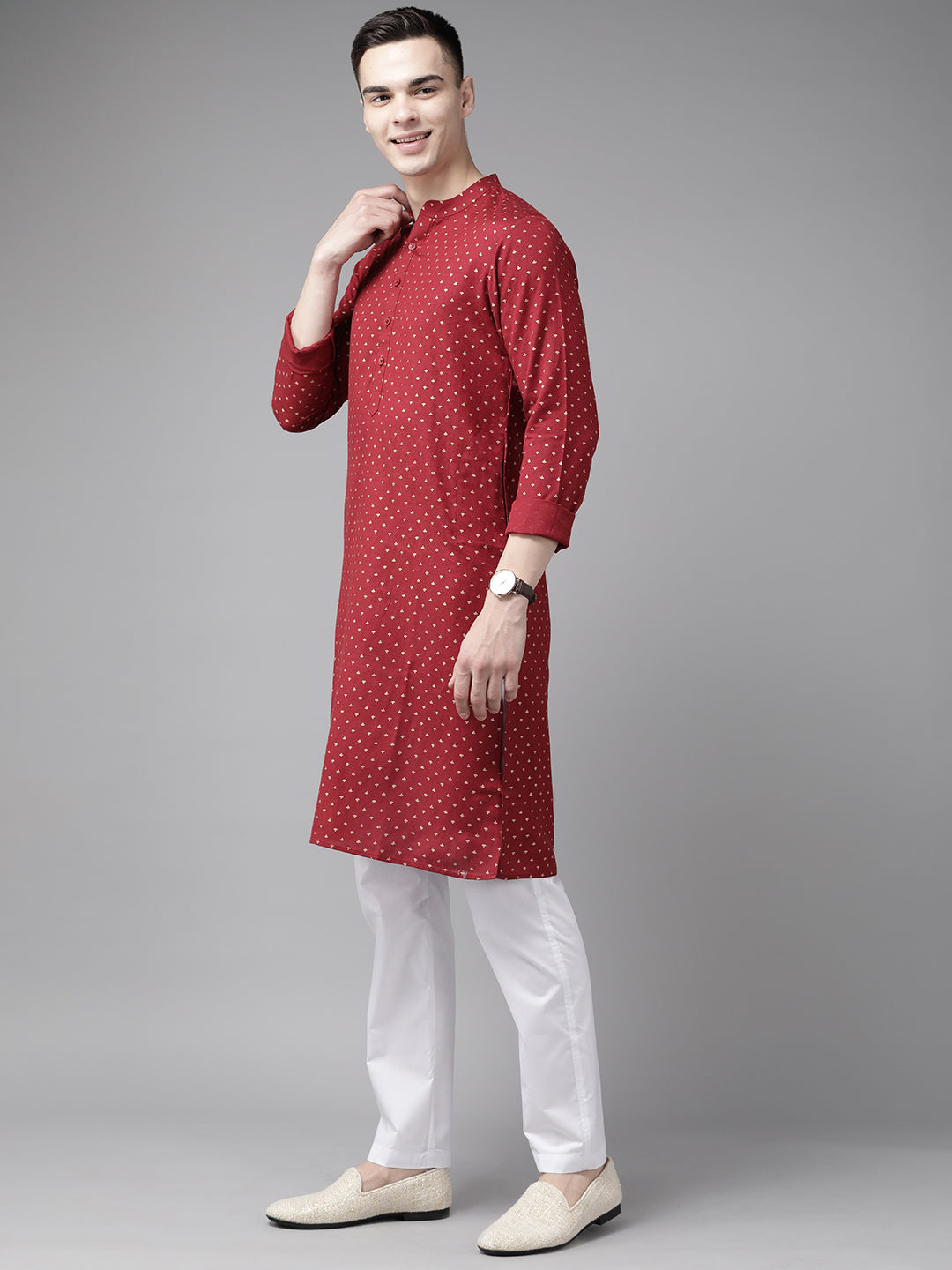 Men Maroon & Gold Printed Straight Kurta