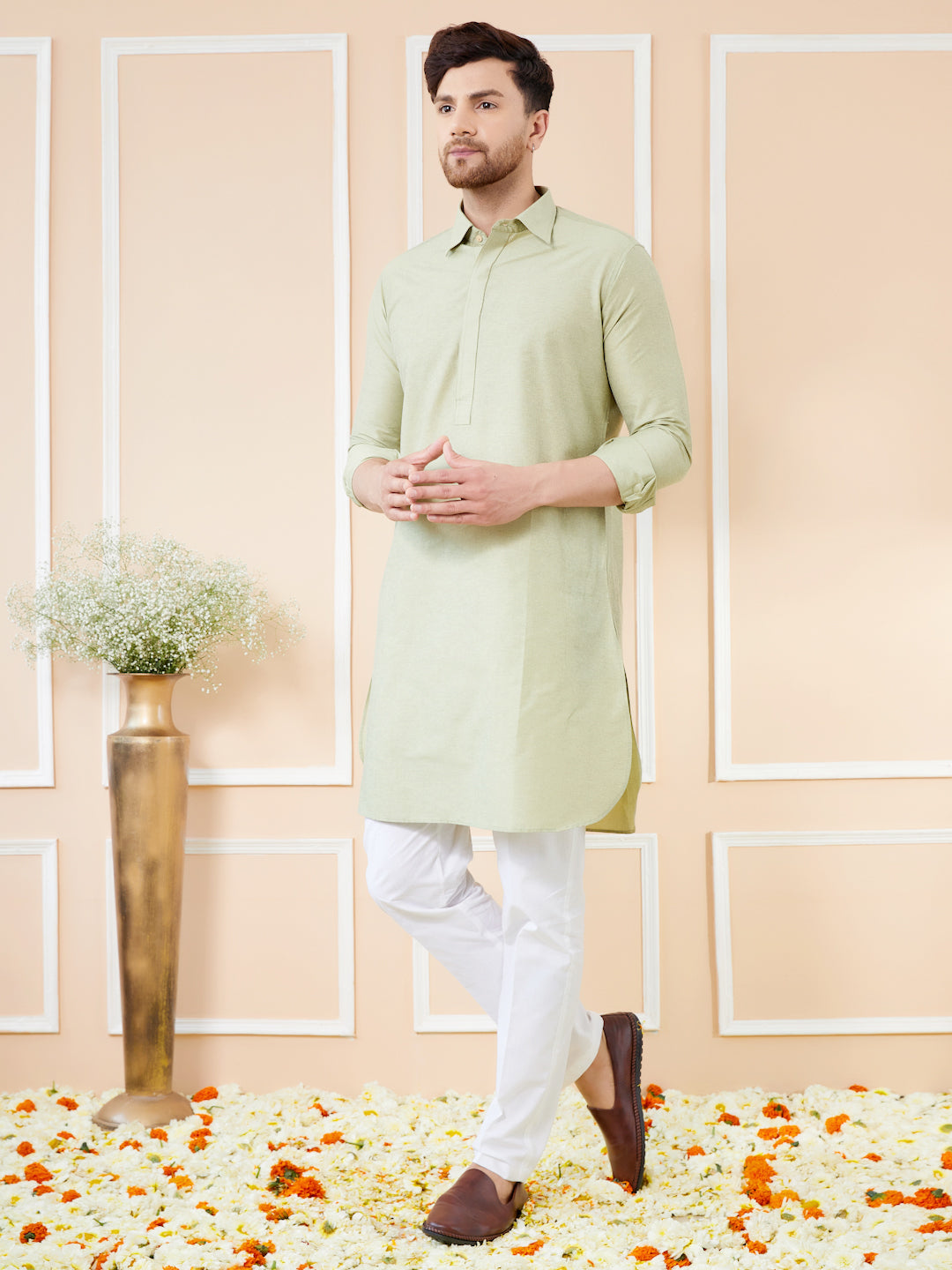 Men Green Cotton Solid Pathani Kurta