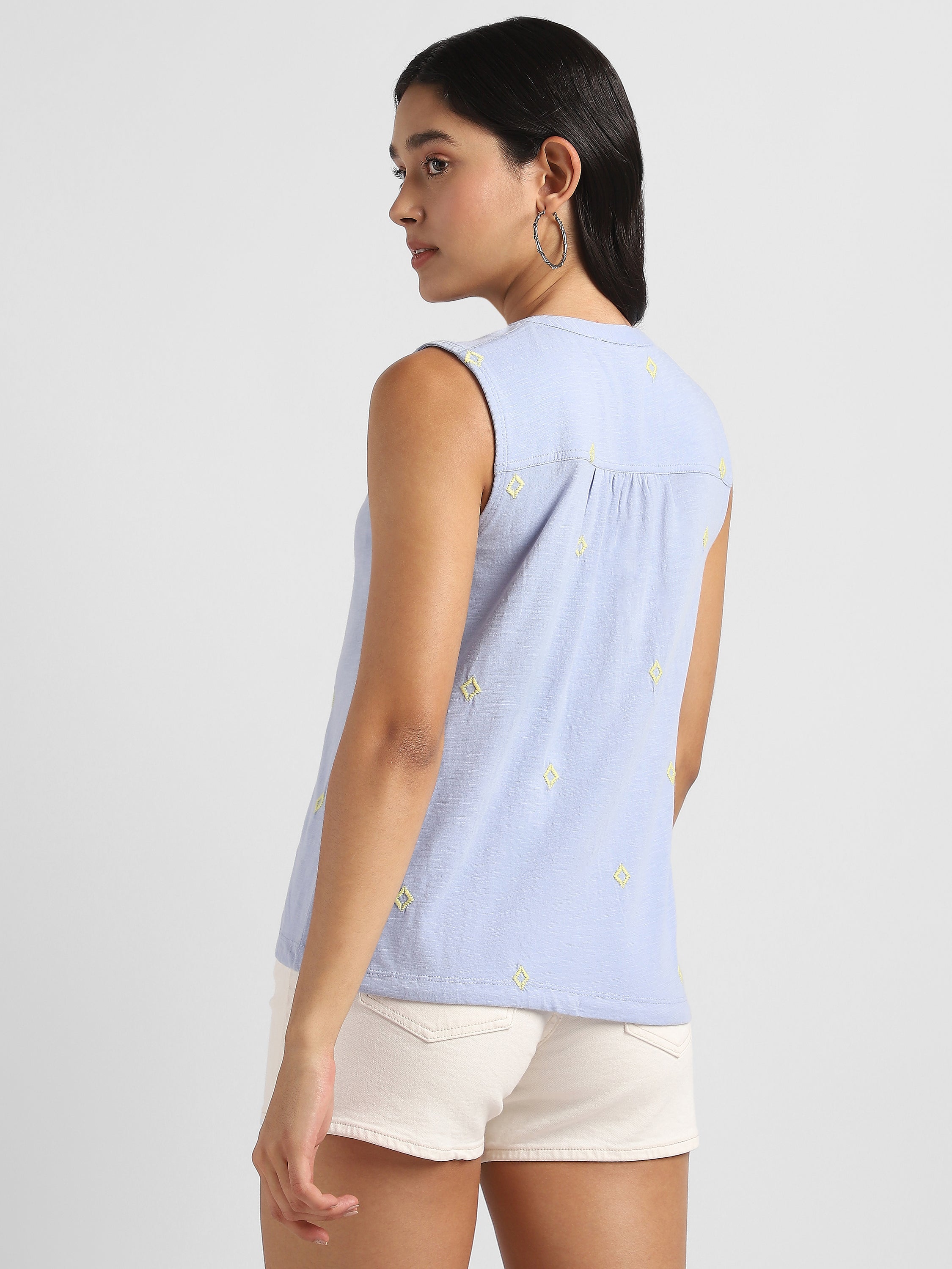 Women Blue Embroidered Top with front tie