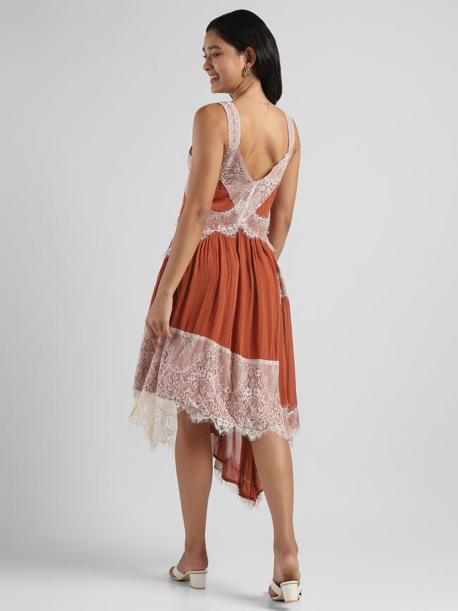 Women Brown high low hem dress with lace inserts