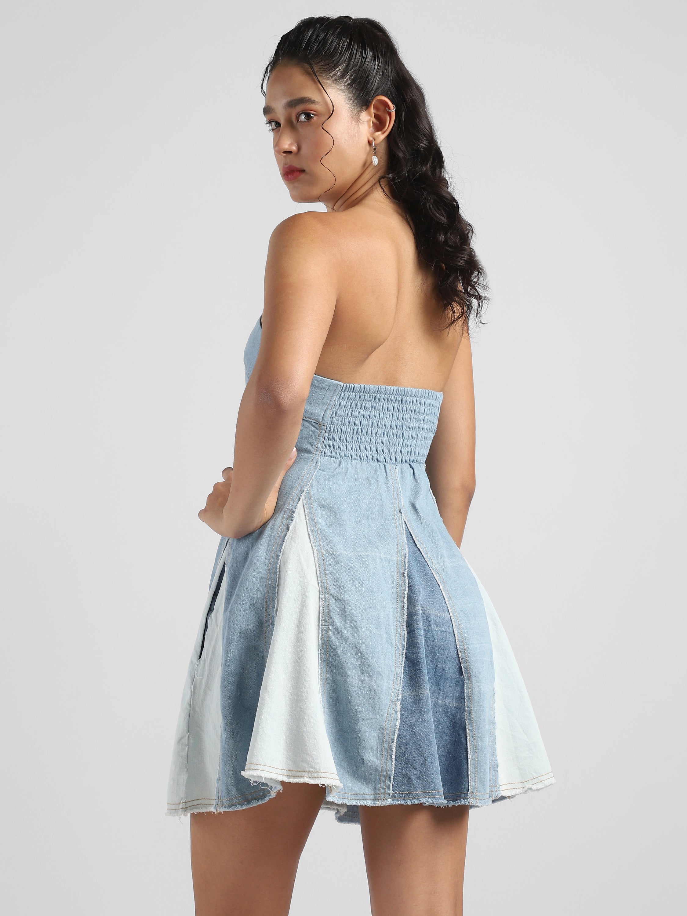 Women Blue Denim Off Shoulder Fit & Flare Dress