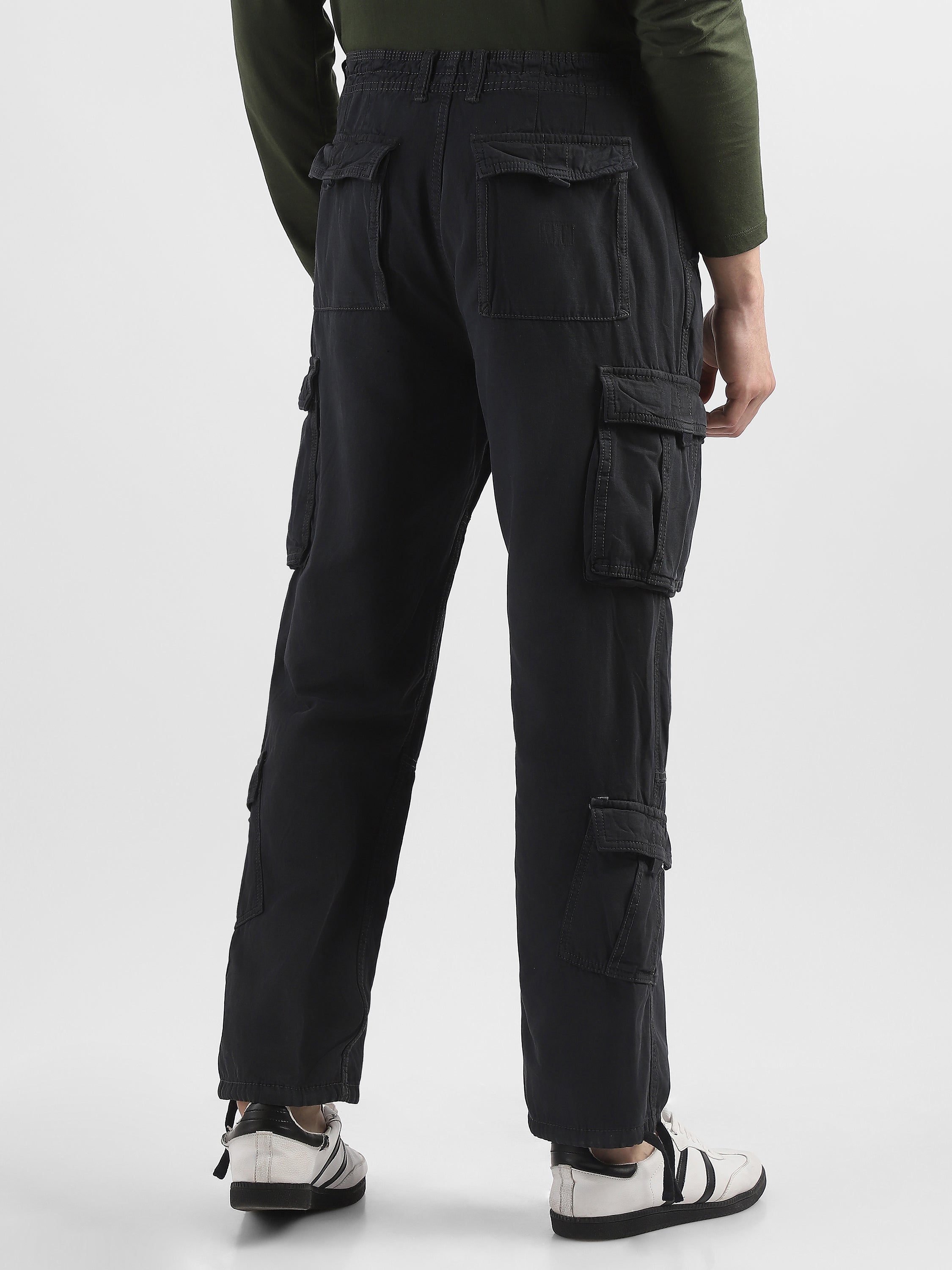 Men Black Cotton Blend Cargo Pants with 8 Pockets