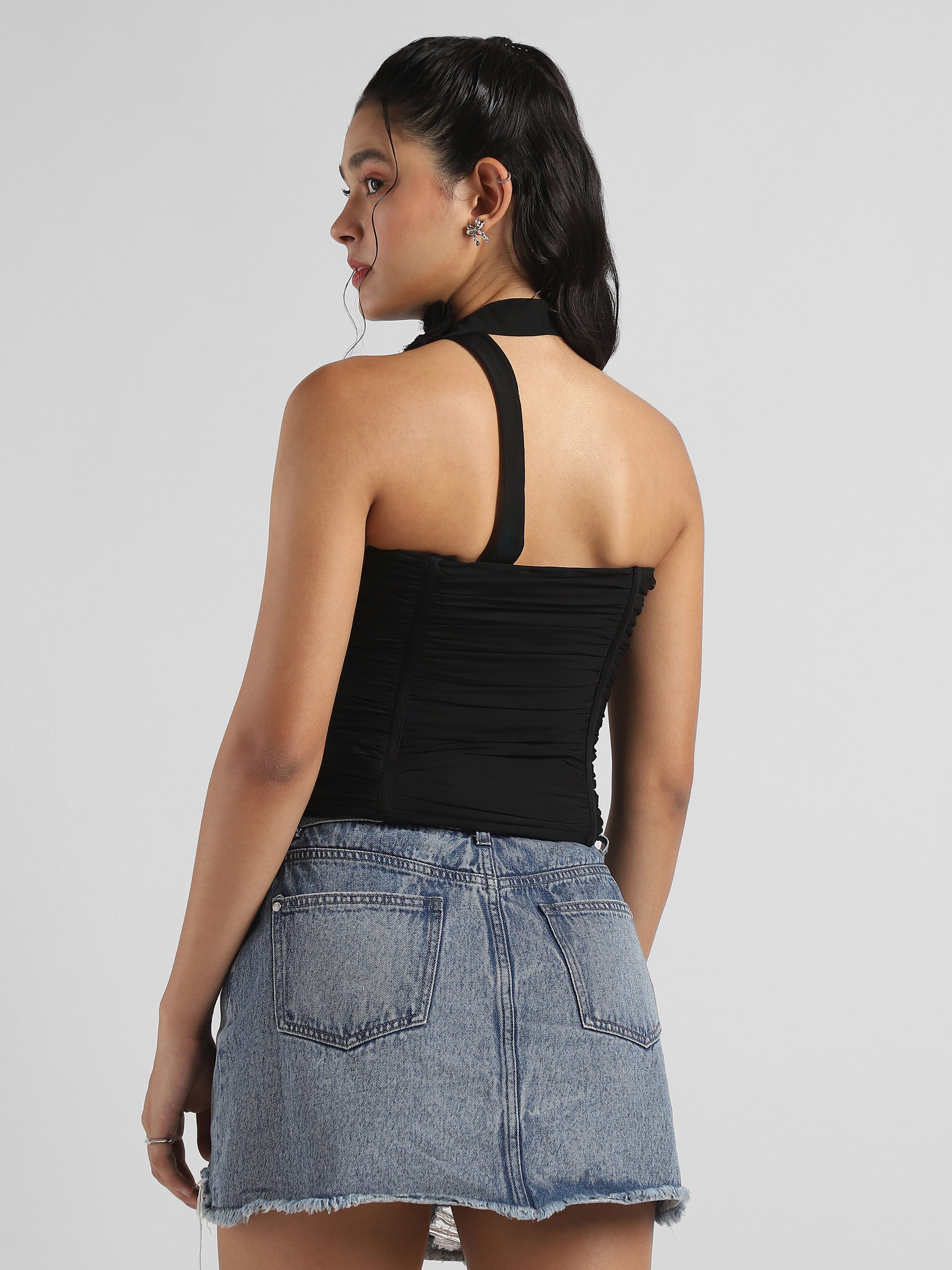 Women Black Corset top with neck tie flower