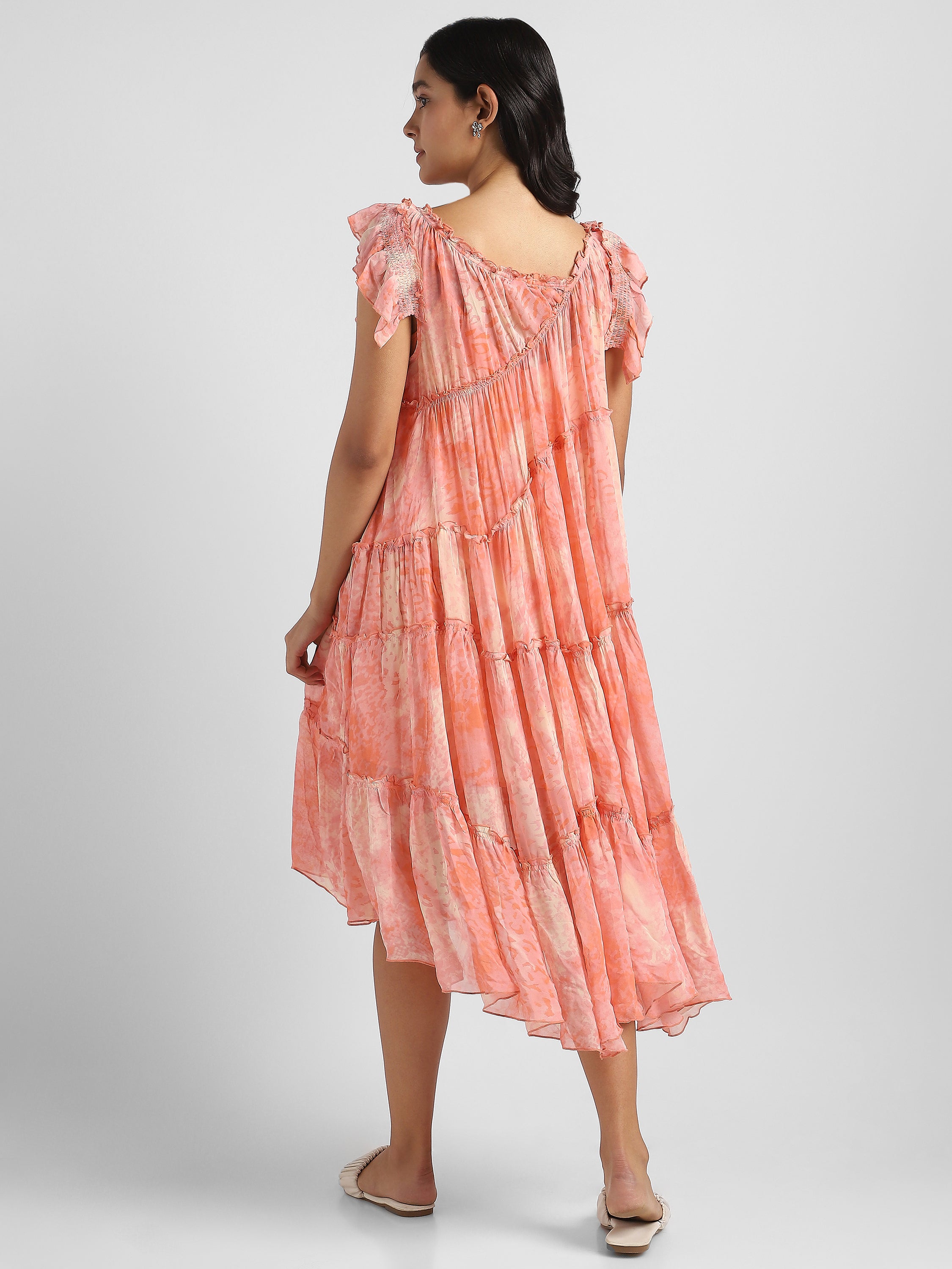 Women Pink Printed high low frilled dress