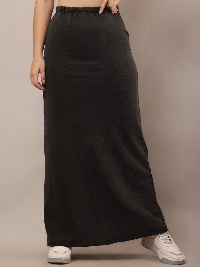 Women Dark Grey Elastic Waist A-Line Maxi Skirt