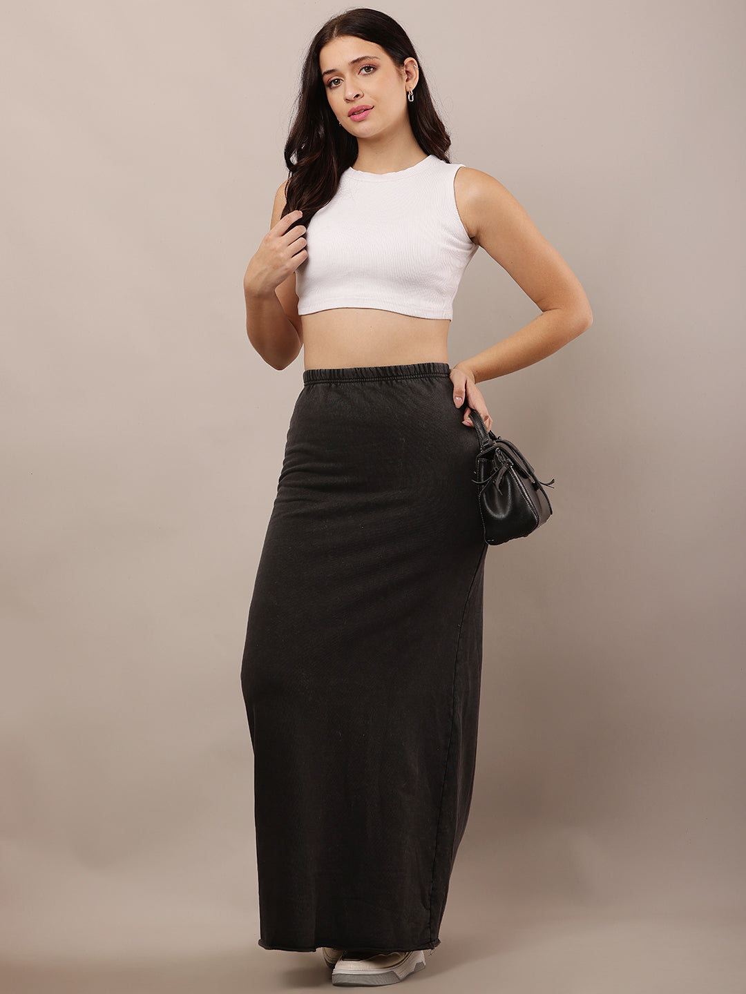 Women Dark Grey Elastic Waist A-Line Maxi Skirt
