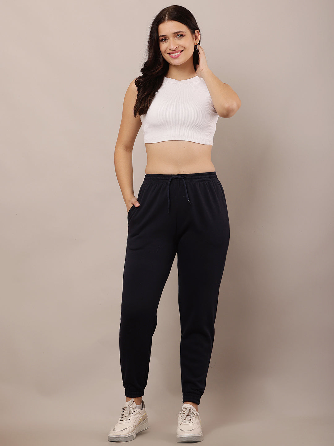 Women Dark Blue Elastic Waist Cotton Jogger