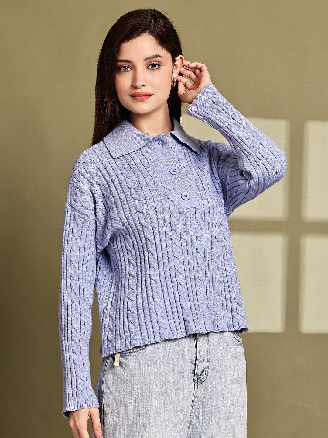 Women Blue Acrylic Full Sleeve Polo Sweater