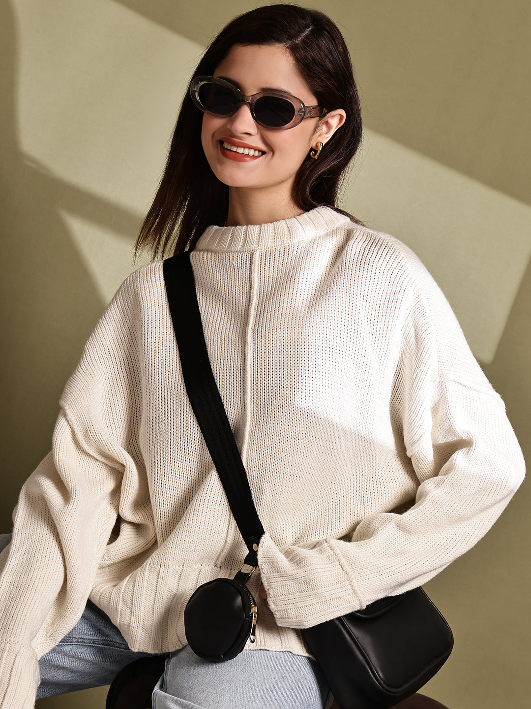 Women Cream Full Sleeve Knit Sweater