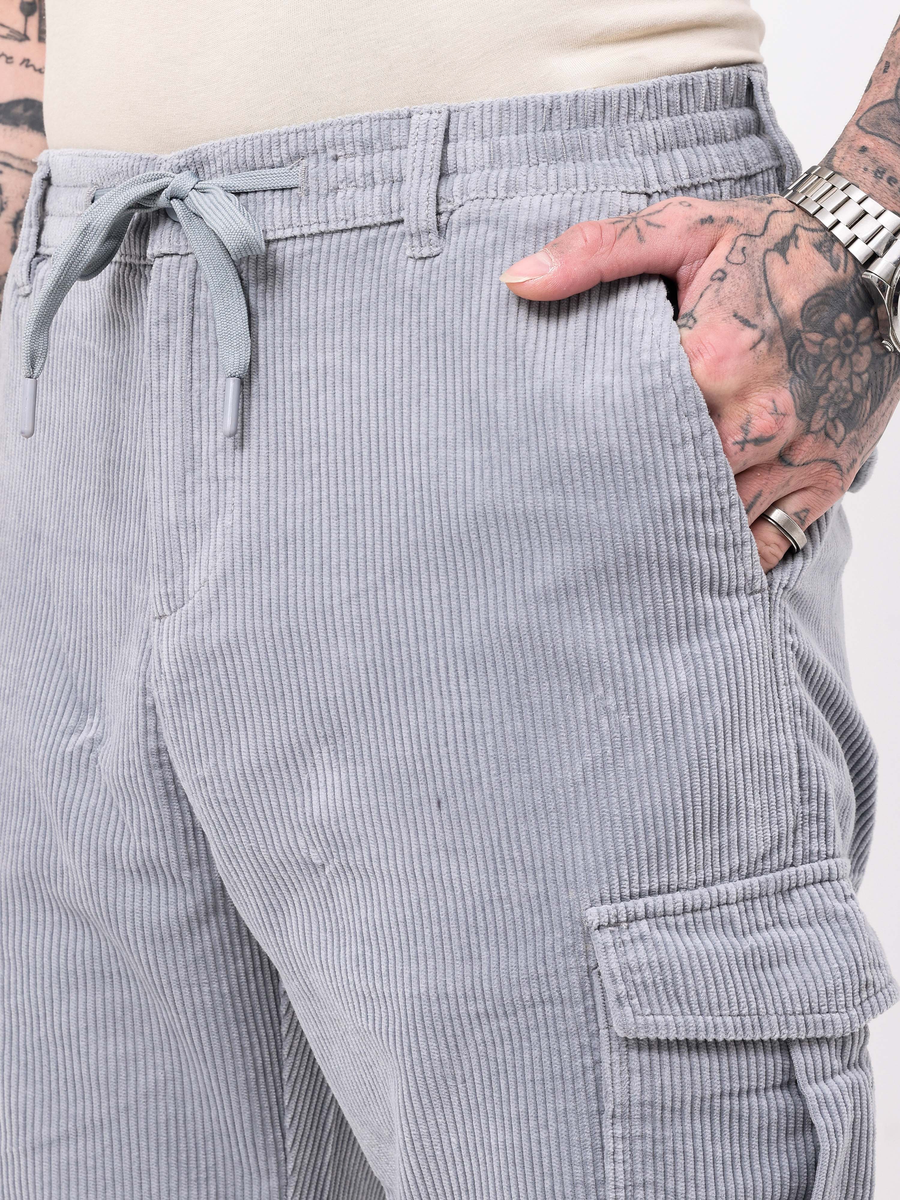 Men Grey Corduroy Regular Fit Cargo Pants