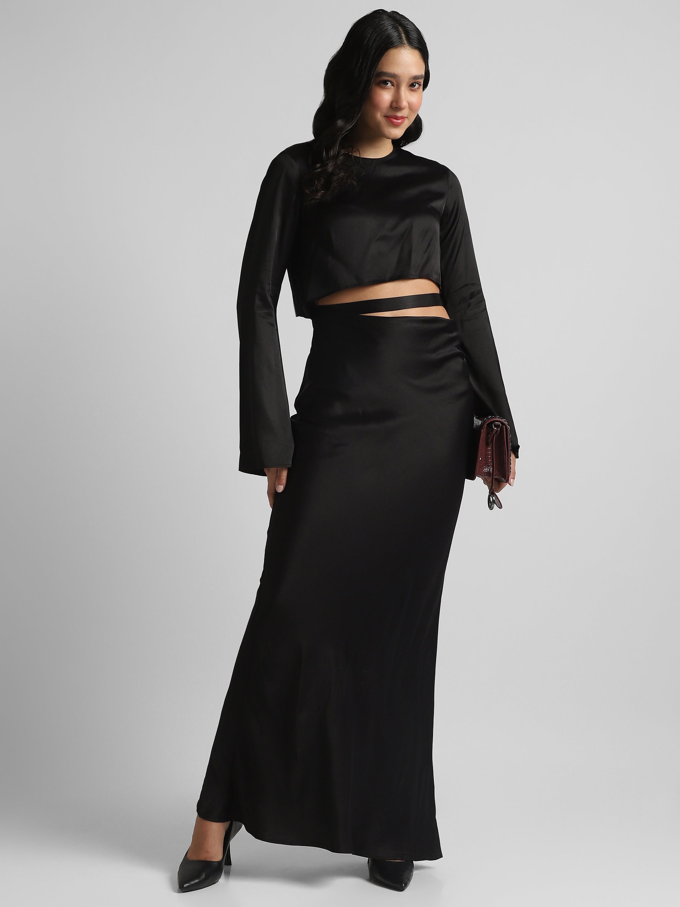 Women Black Maxi Dress with waist cut out