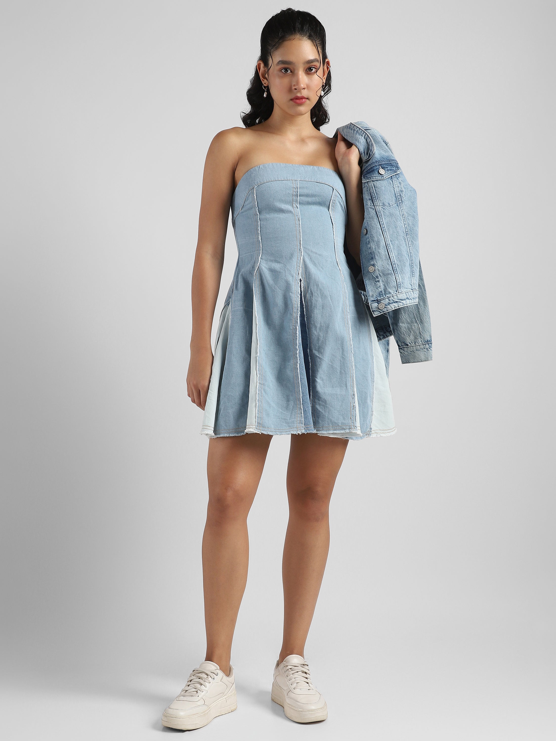 Women Blue Denim Off Shoulder Fit & Flare Dress