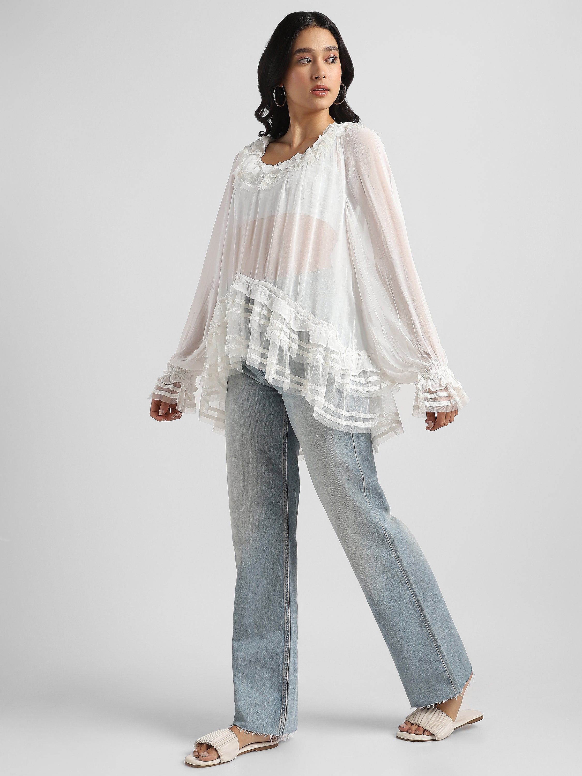 Women White Frilled high low hem top