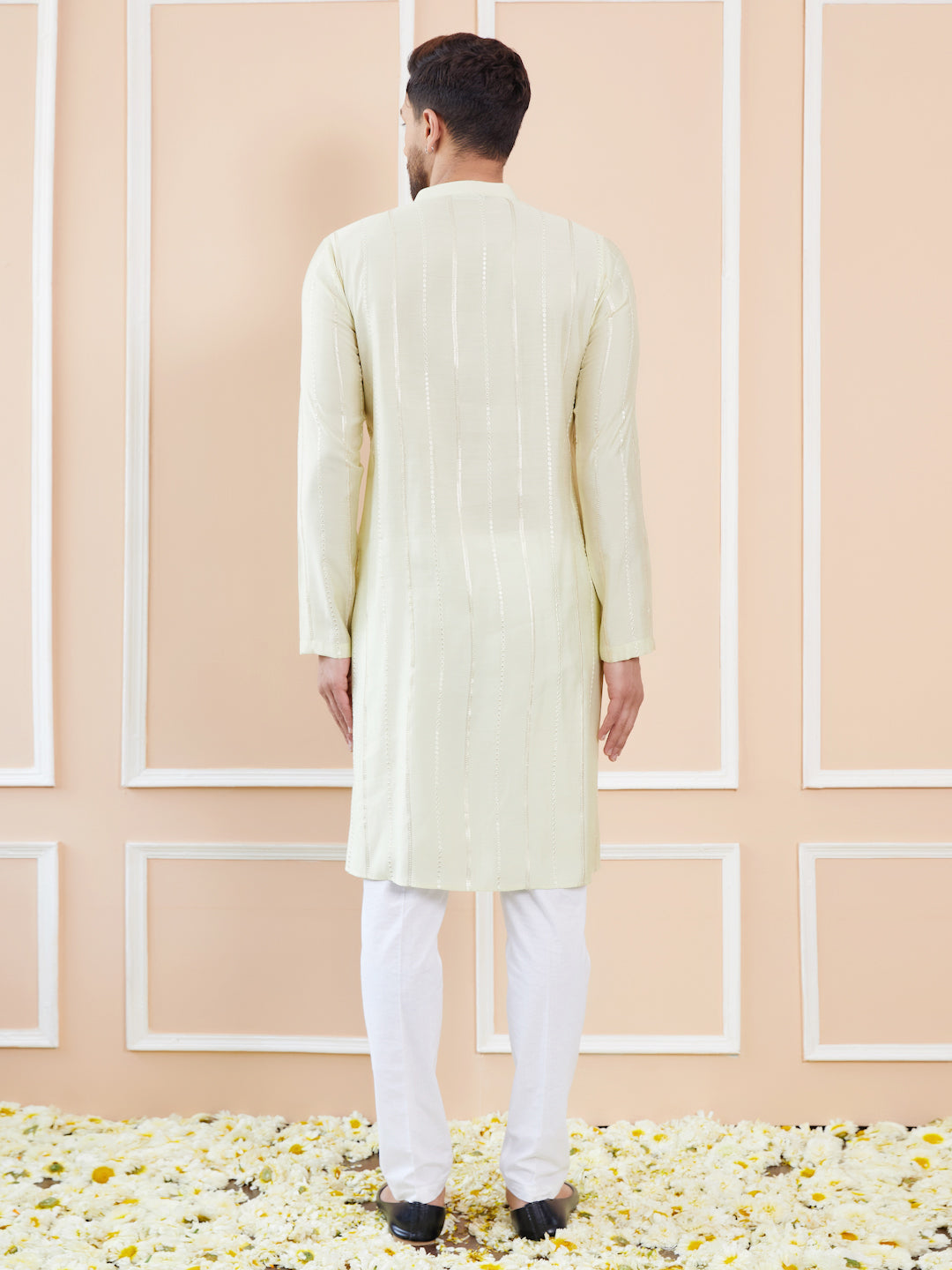 Men Cream And Gold Chanderi Silk Sequins Kurta