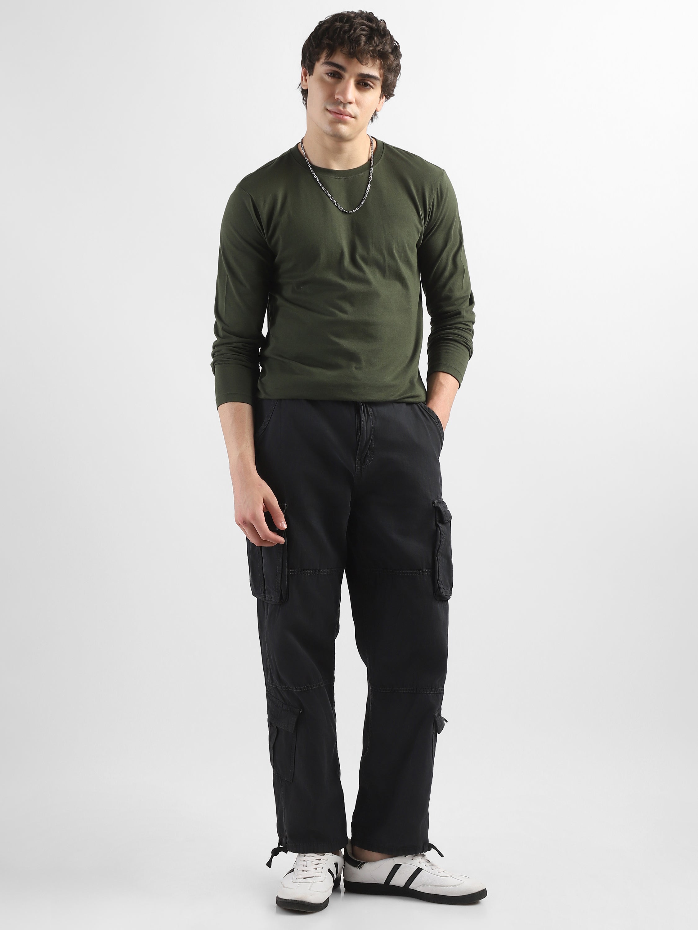 Men Black Cotton Blend Cargo Pants with 8 Pockets