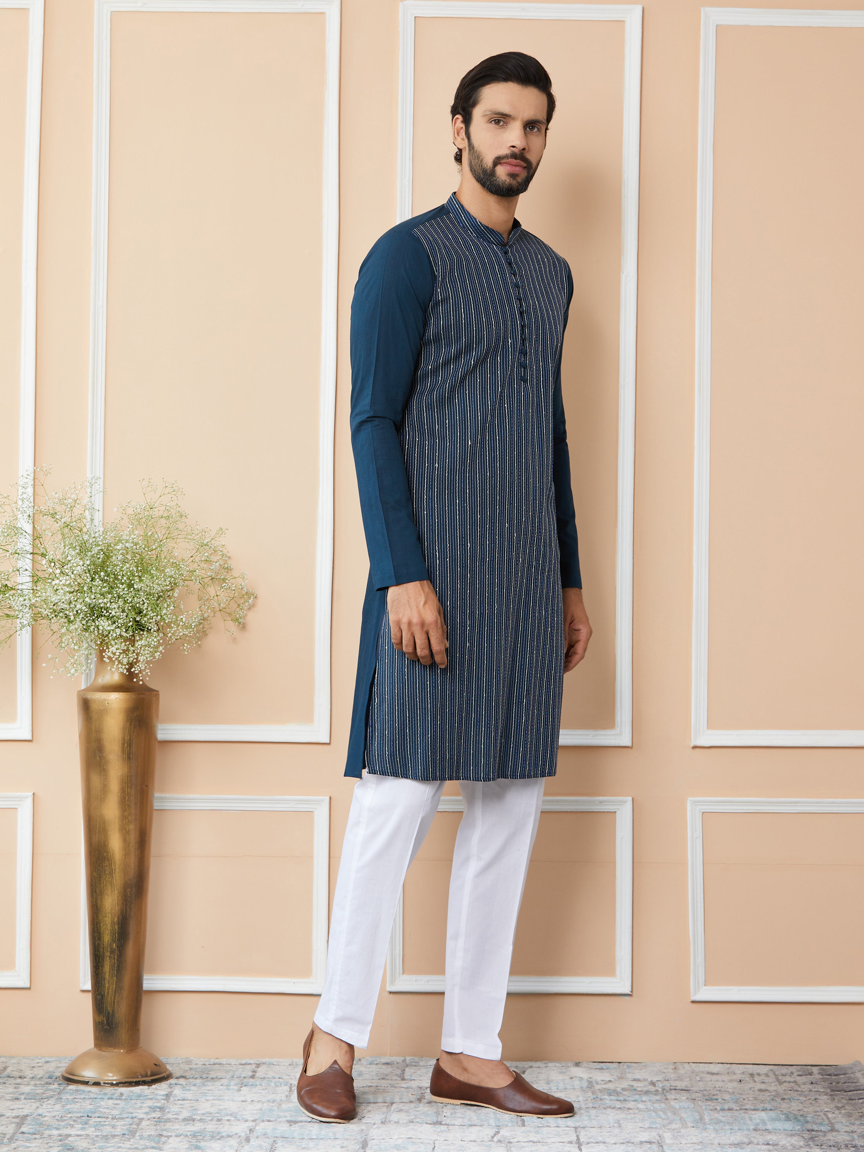 Men Dark Blue Thread & Sequin Worked Pure Cotton Straight Kurta