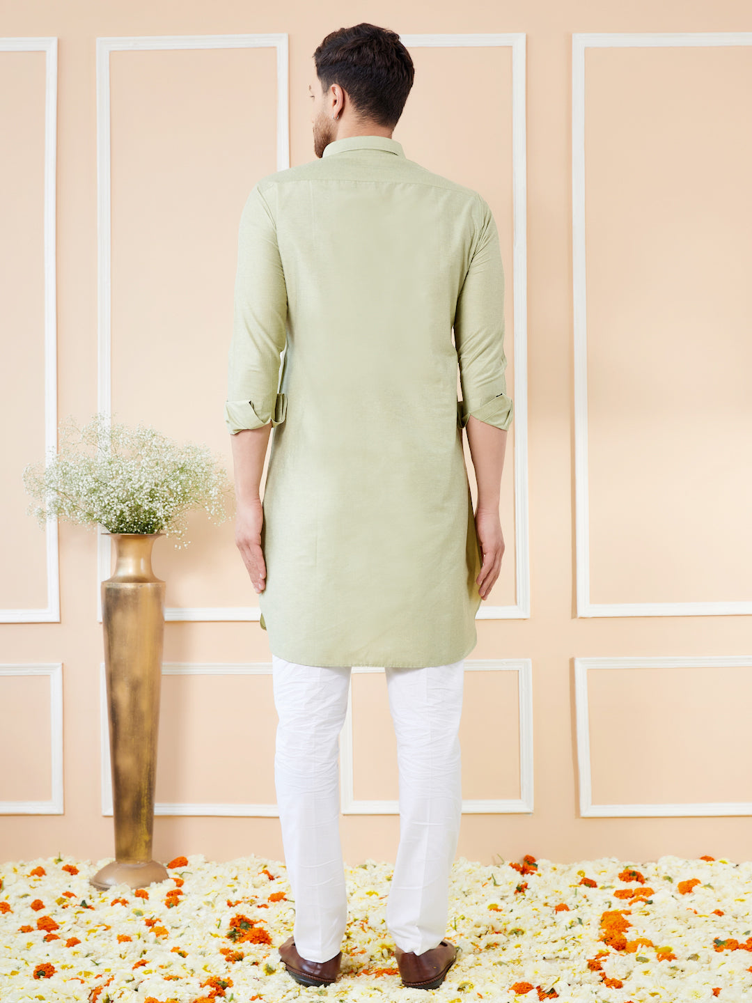 Men Green Cotton Solid Pathani Kurta