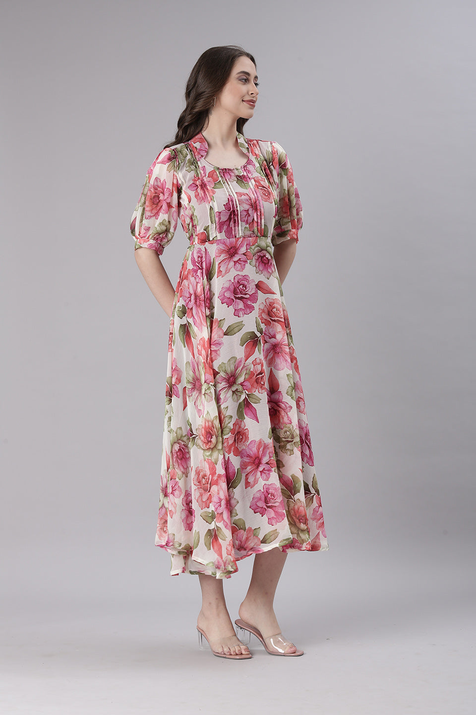 Women Cream Floral Chiffon Dress