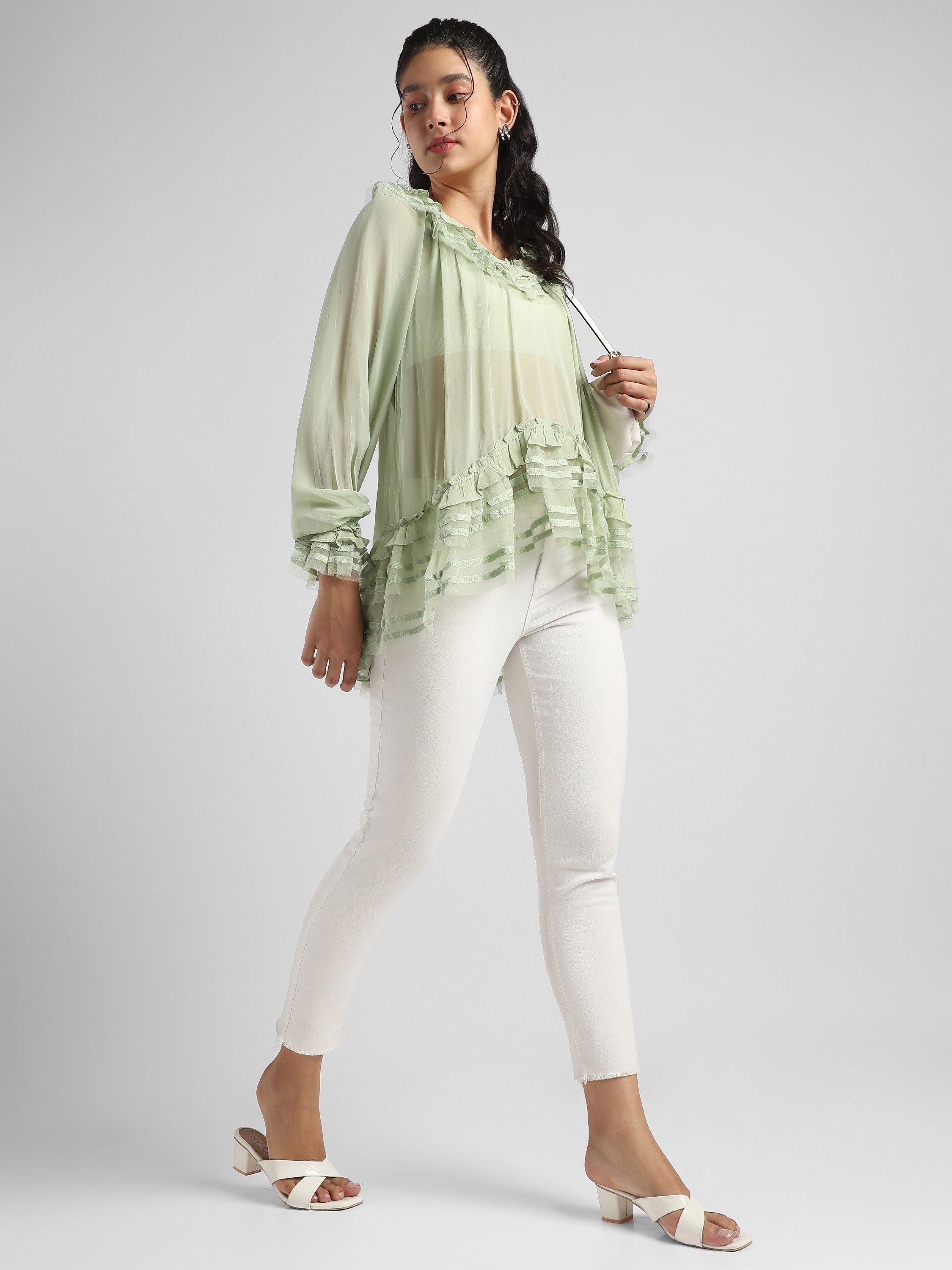 Women Green Frilled high low hem top