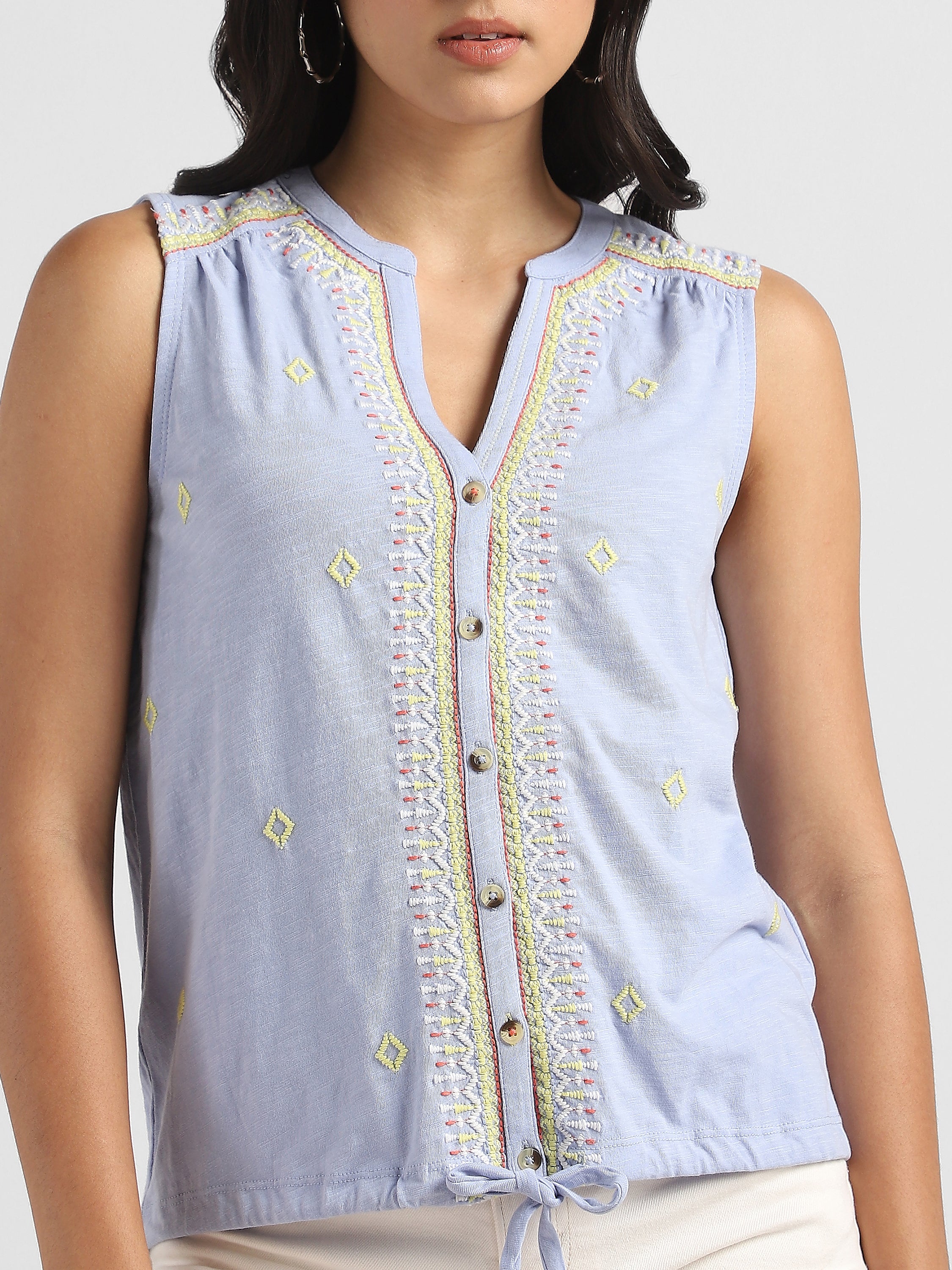 Women Blue Embroidered Top with front tie