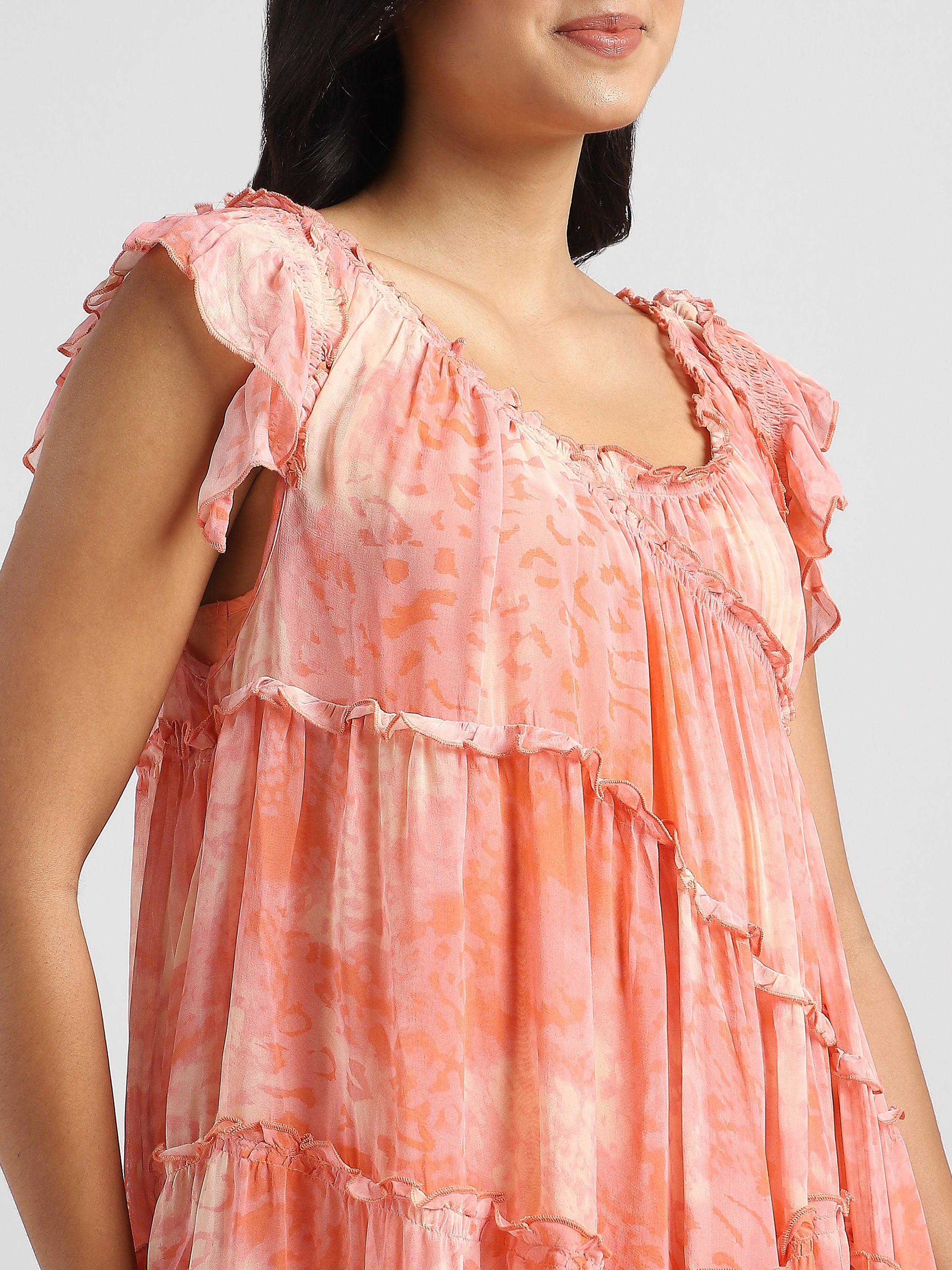Women Pink Printed high low frilled dress