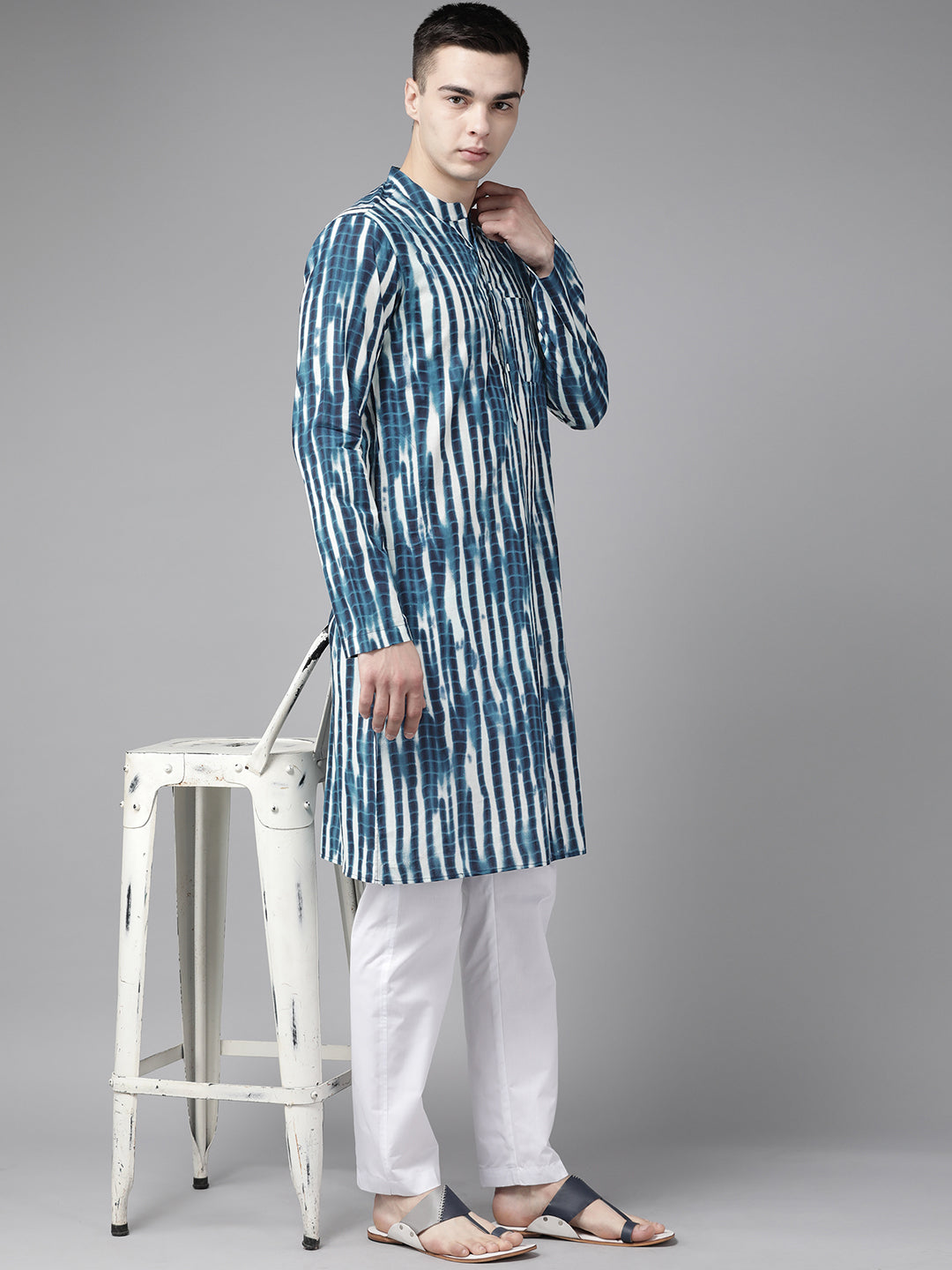 Men Blue Multi Tie And Dye Print Design Straight Kurta
