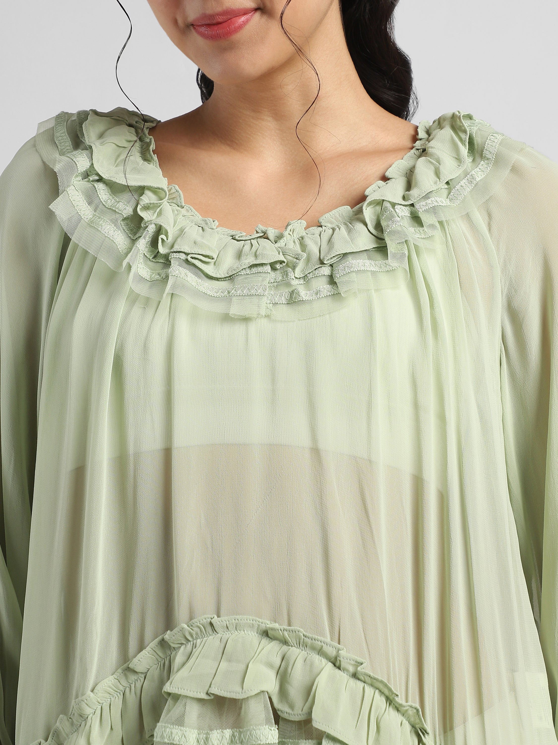 Women Green Frilled high low hem top