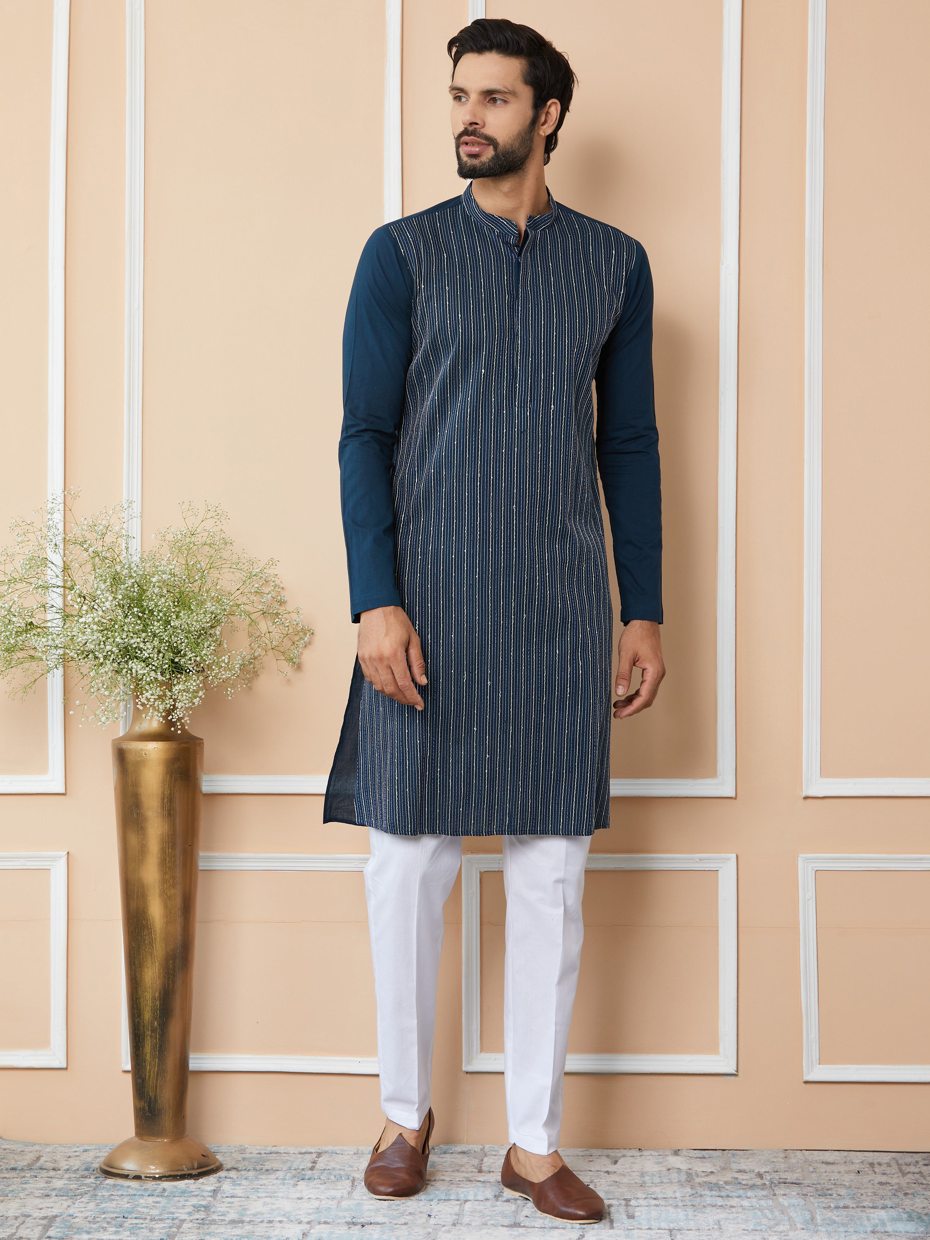 Men Dark Blue Thread & Sequin Worked Pure Cotton Straight Kurta