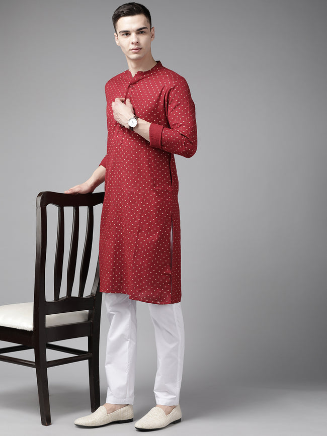 Men Maroon & Gold Printed Straight Kurta