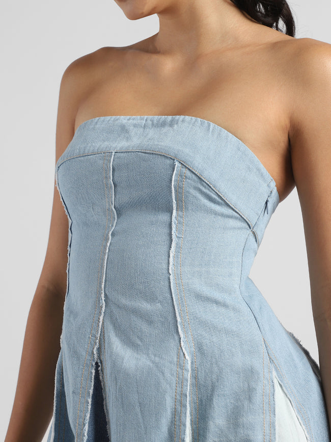 Women Blue Denim Off Shoulder Fit & Flare Dress