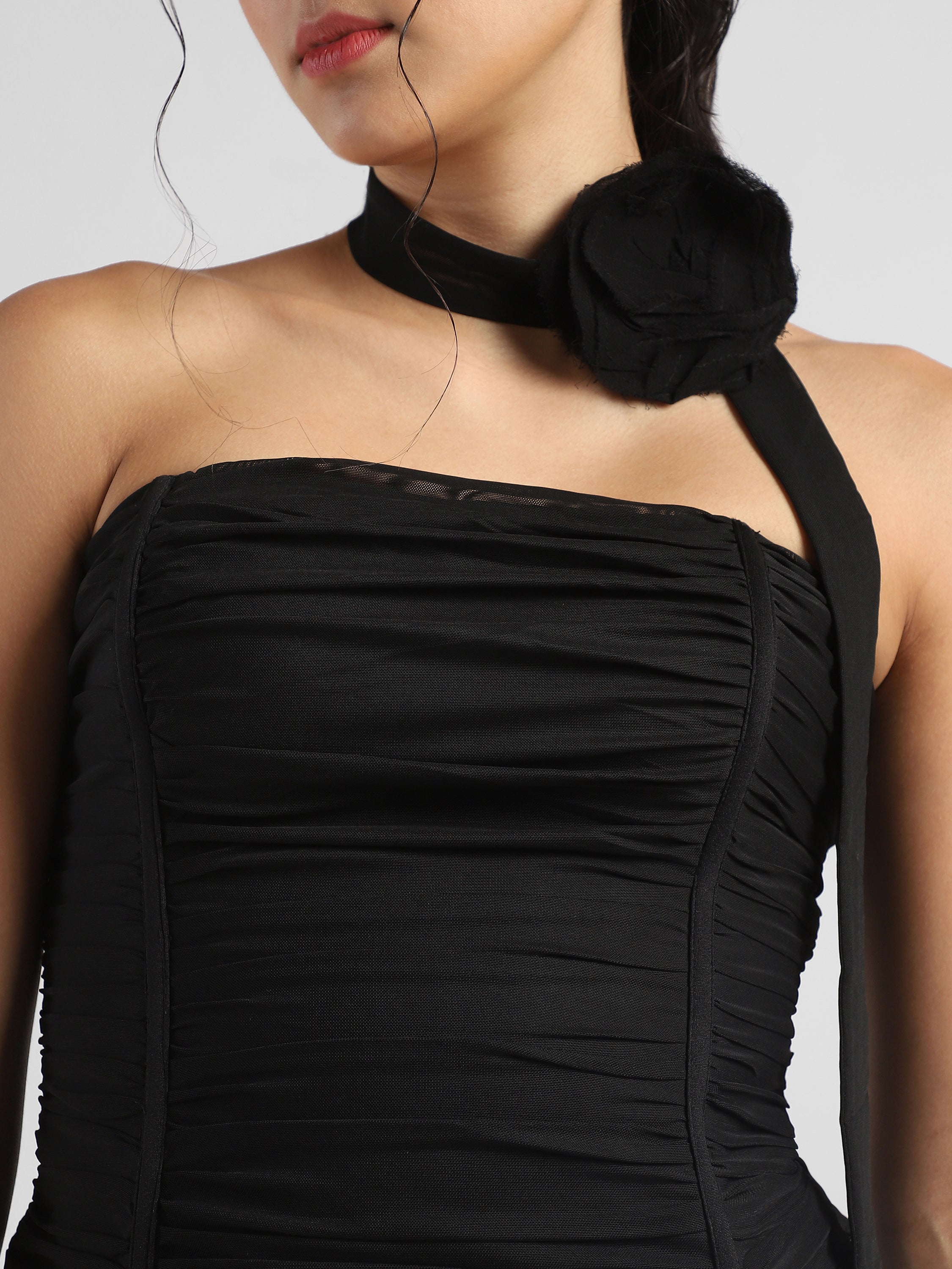 Women Black Corset top with neck tie flower