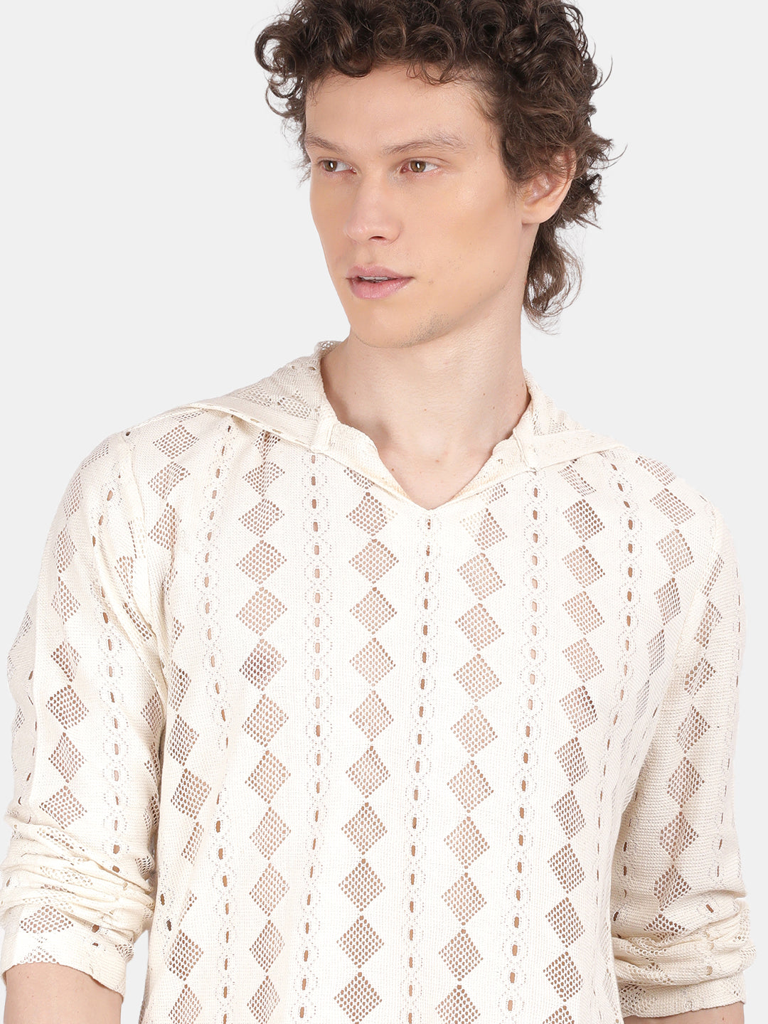 Men Cream Regular Fit Spread Collar Full Sleeve Hoodie