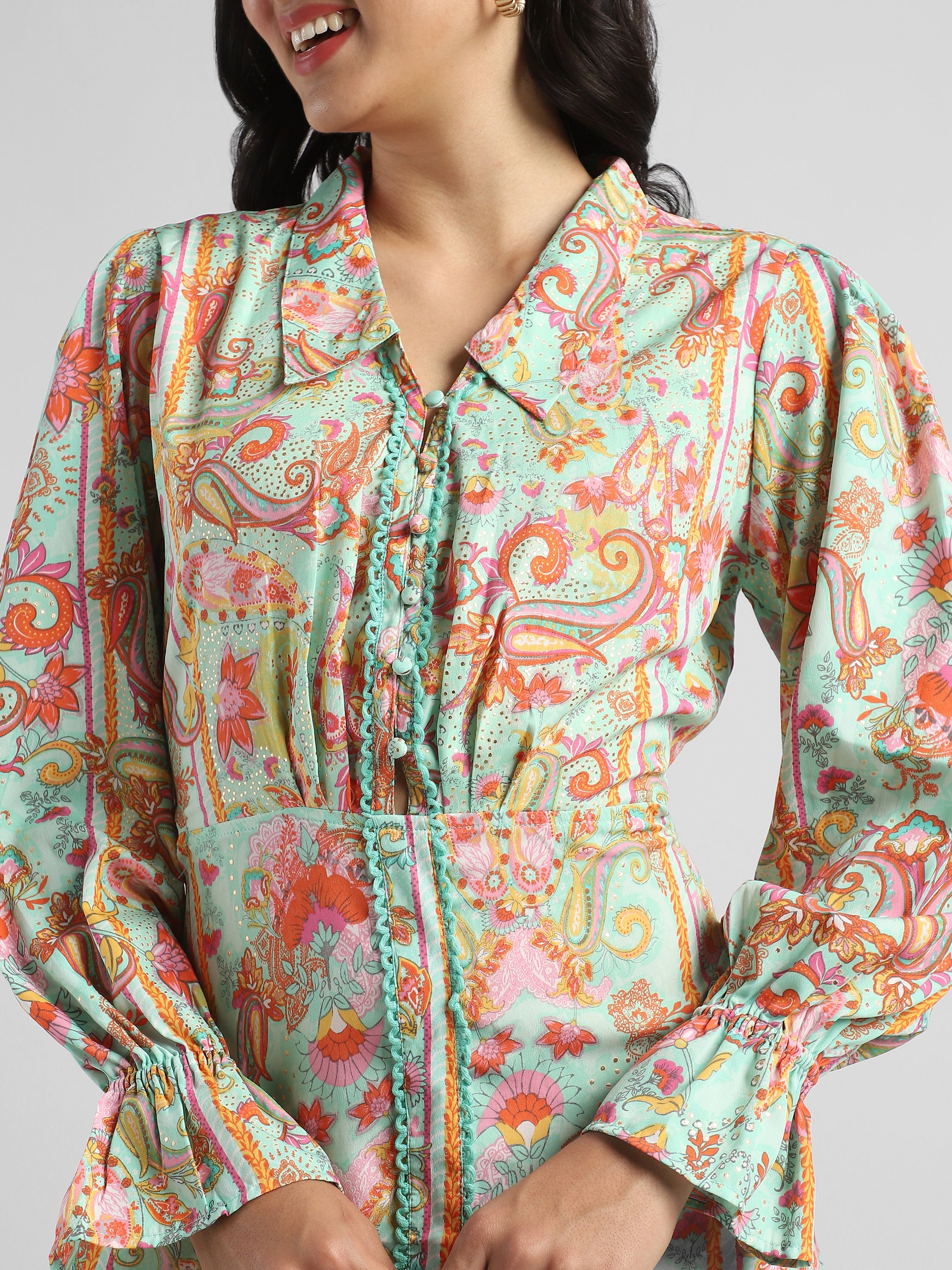 Women Pistachio Green Printed Fit & Flare dress with waist cut out