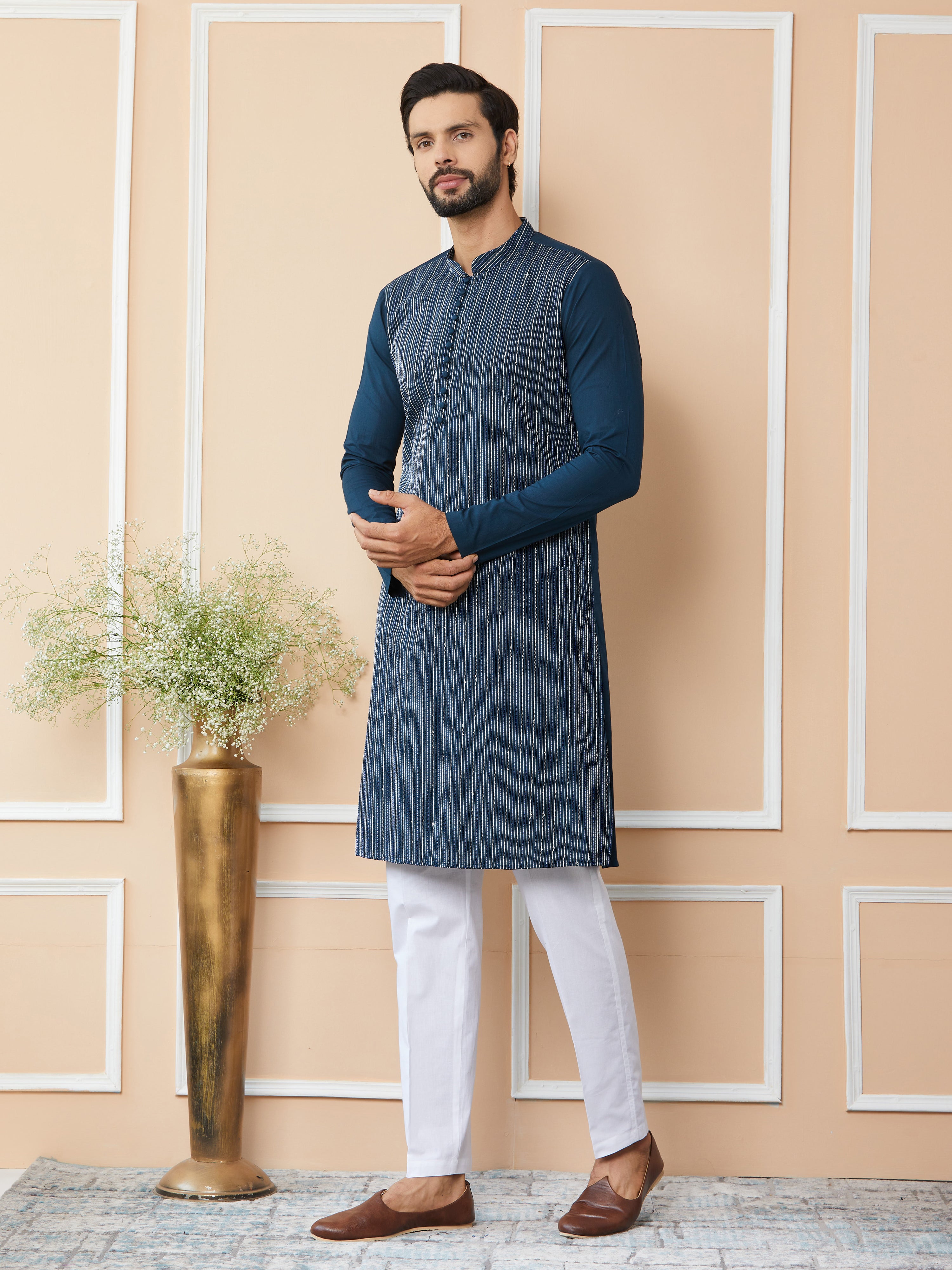 Men Dark Blue Thread & Sequin Worked Pure Cotton Straight Kurta