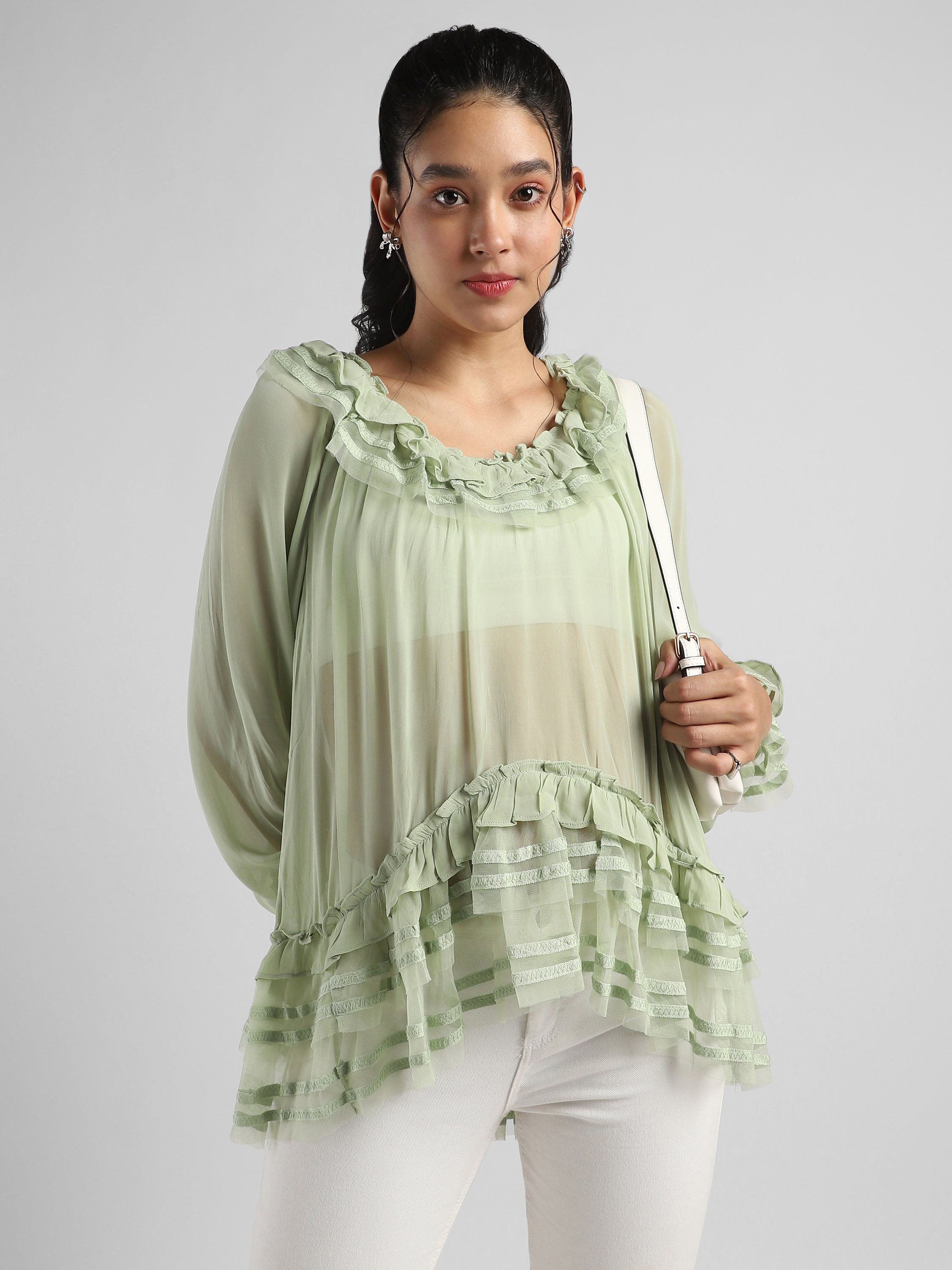 Women Green Frilled high low hem top