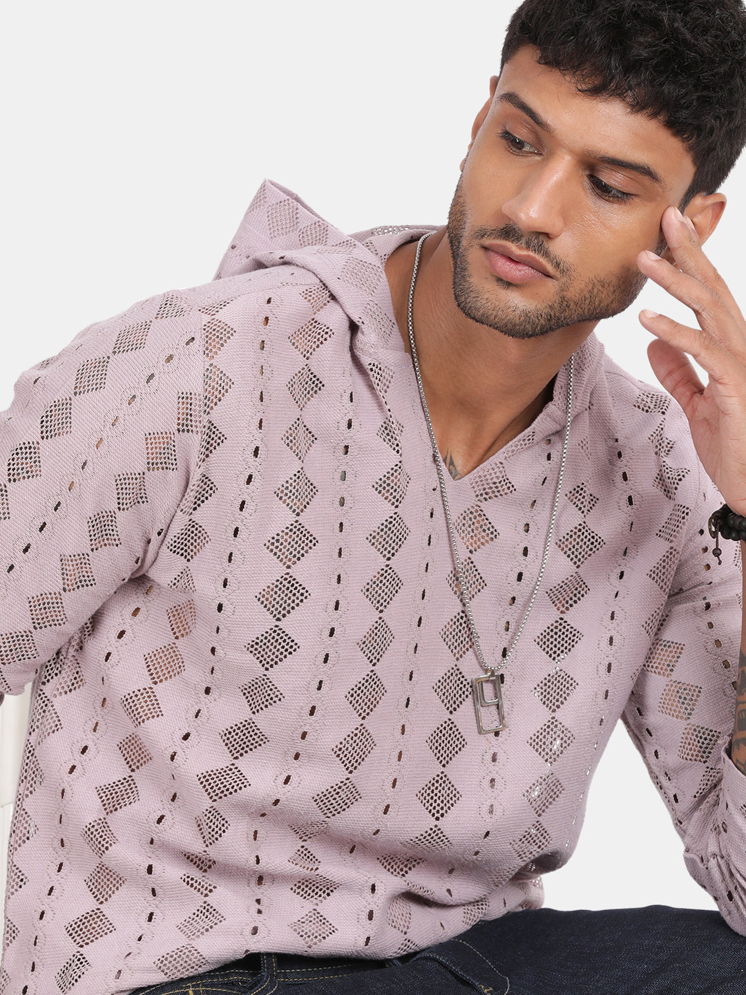 Men Pink Regular Fit Spread Collar Full Sleeve Hoodie