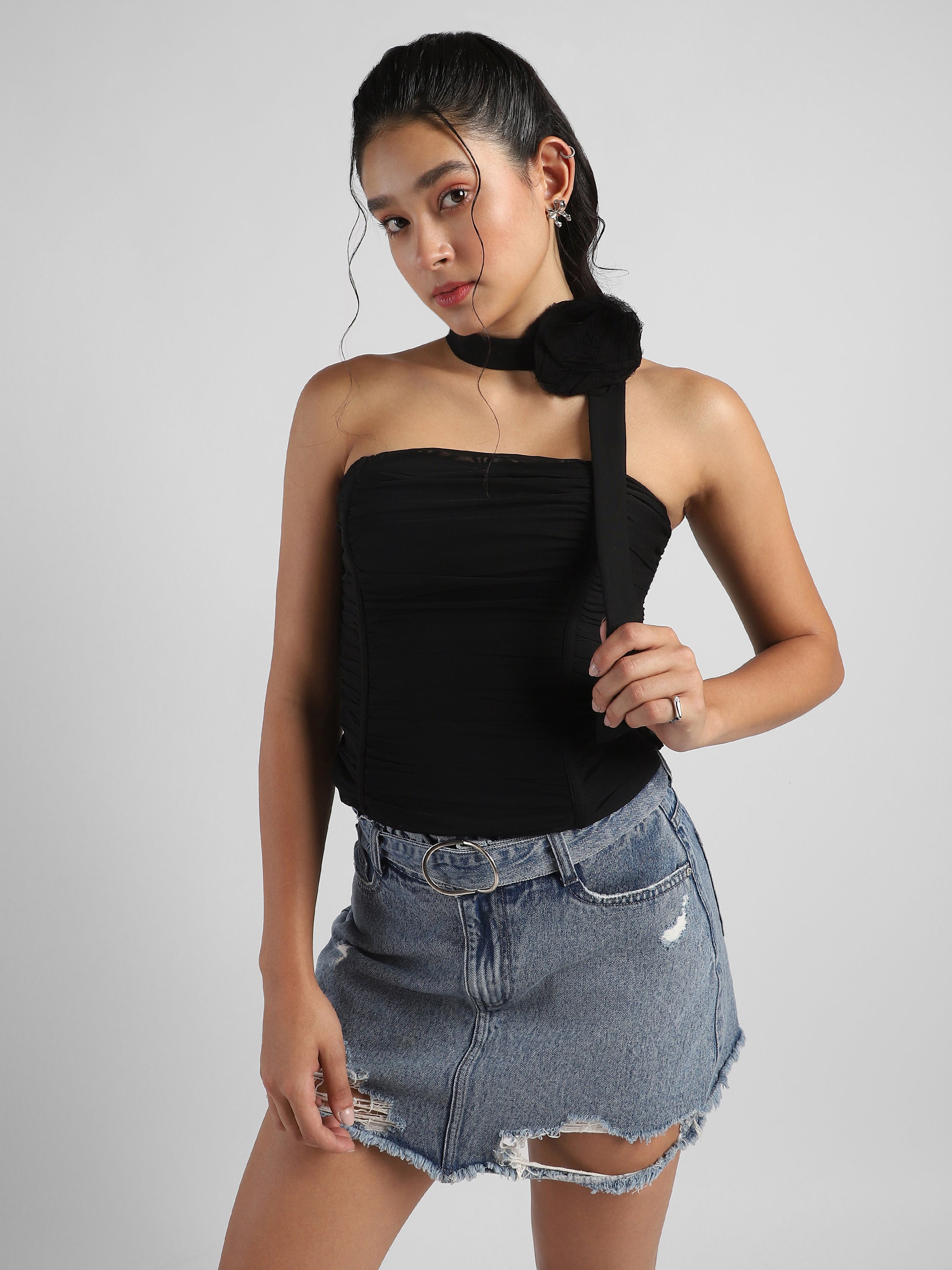 Women Black Corset top with neck tie flower
