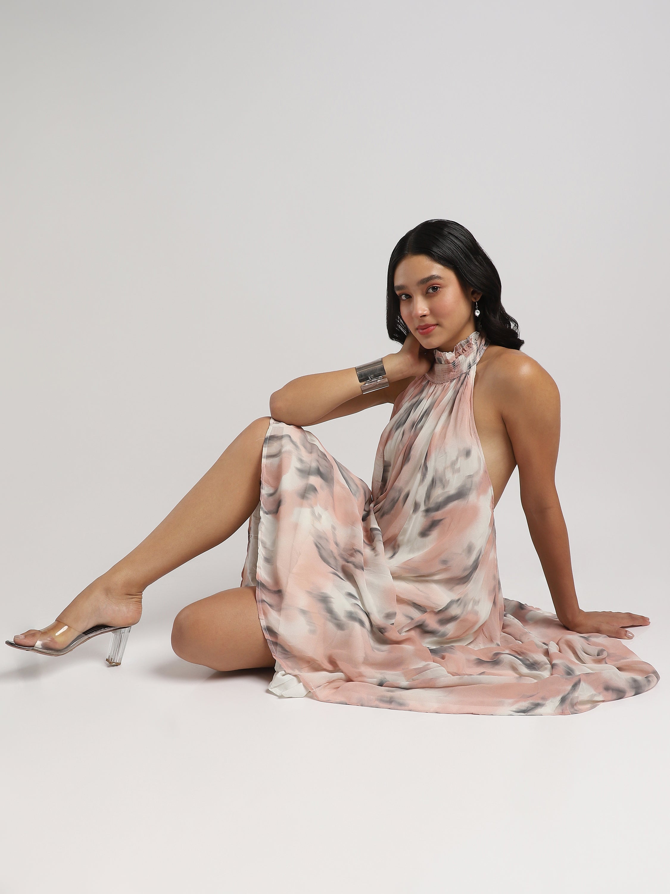 Women printed Backless maxi Flared dress