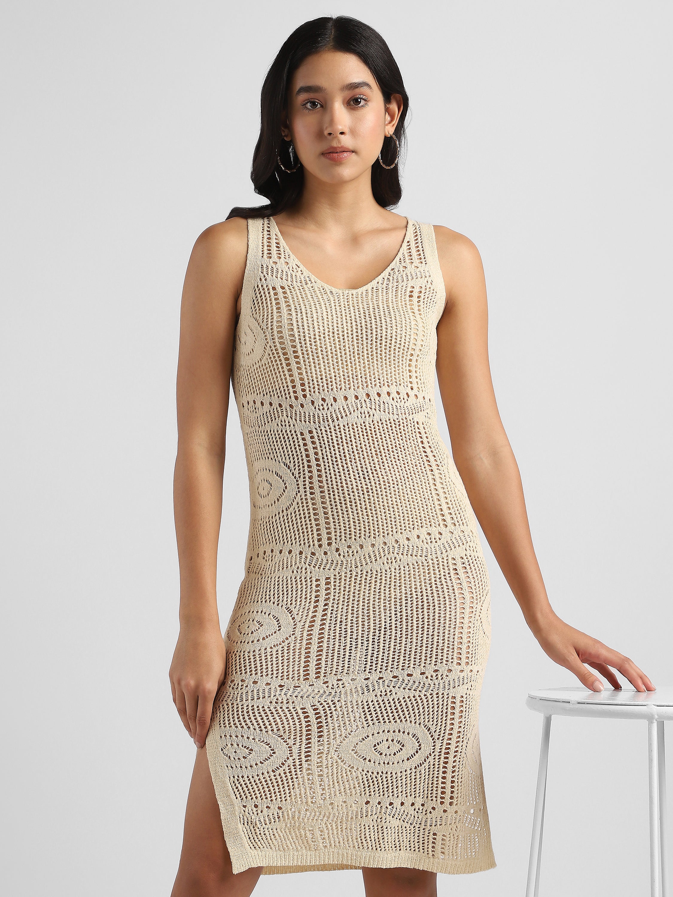 Women Beige Crochet Bodycon Dress