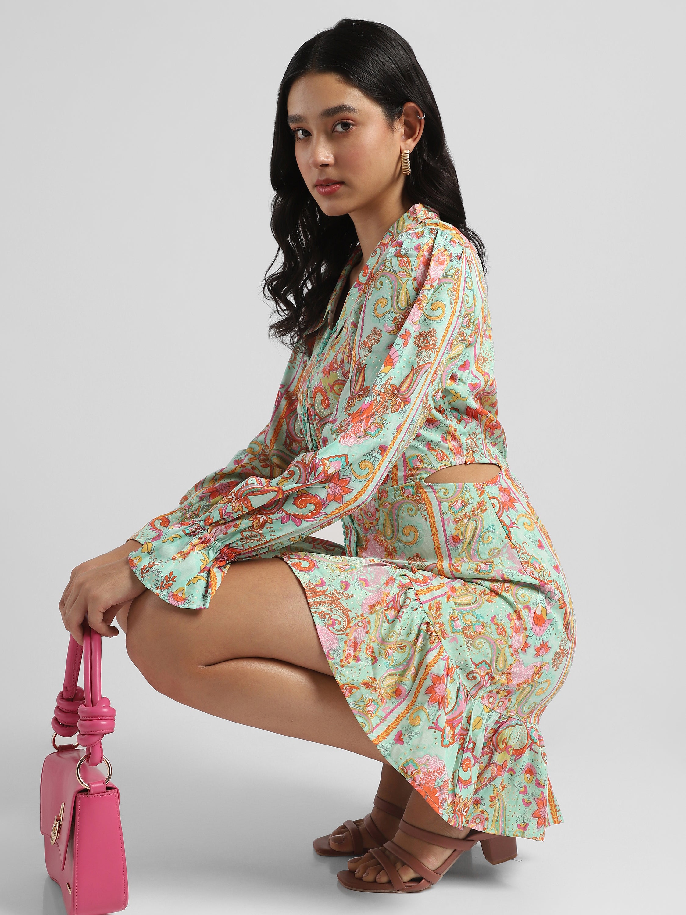 Women Pistachio Green Printed Fit & Flare dress with waist cut out