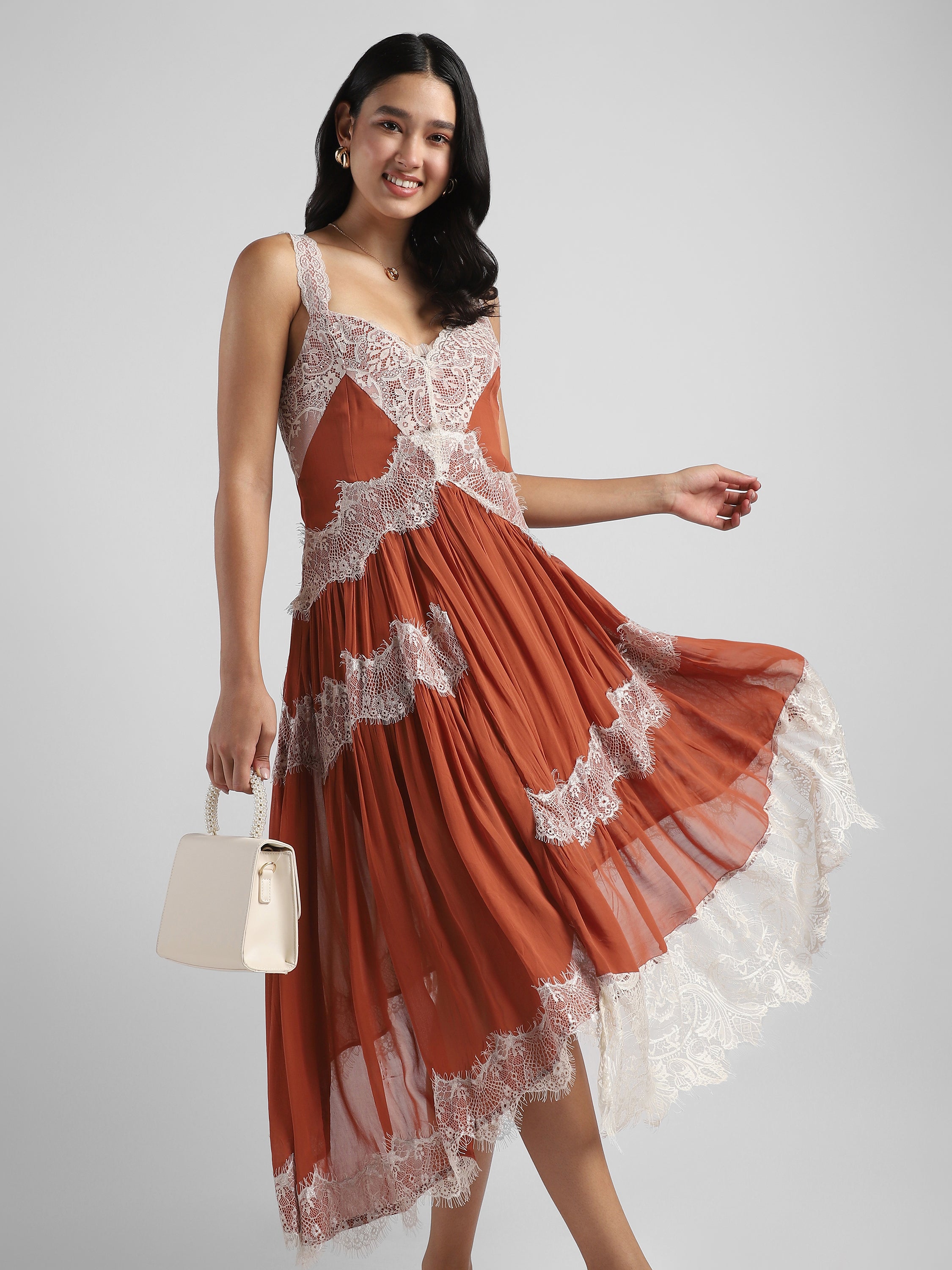 Women Brown high low hem dress with lace inserts