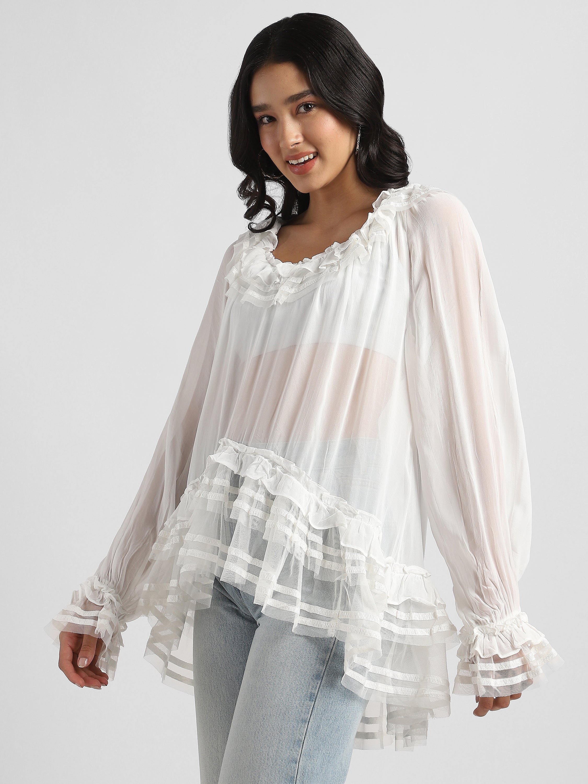 Women White Frilled high low hem top