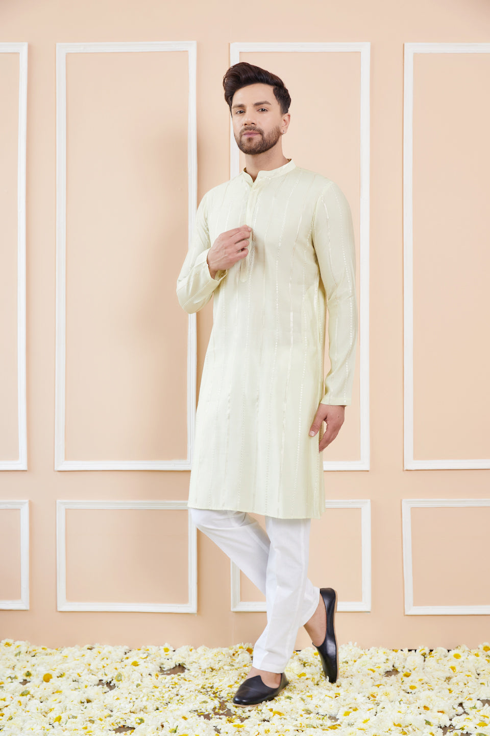 Men Cream And Gold Chanderi Silk Sequins Kurta