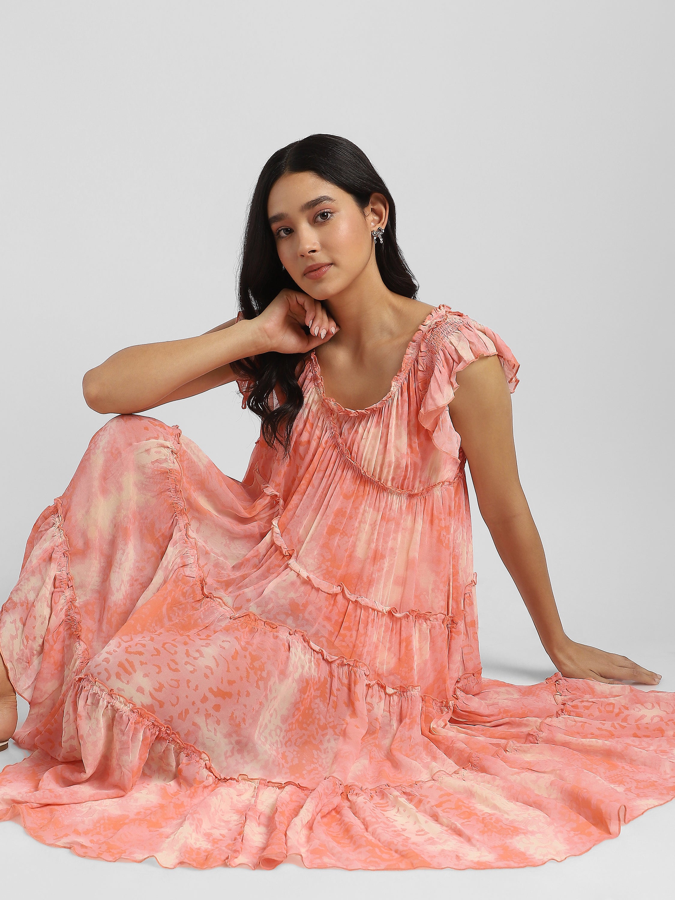 Women Pink Printed high low frilled dress