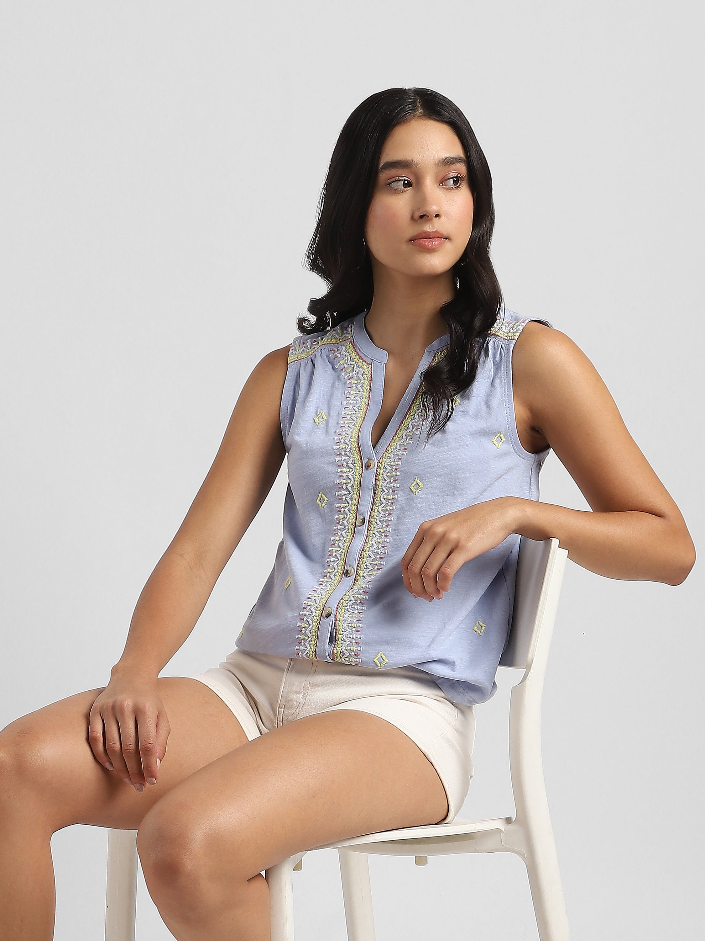 Women Blue Embroidered Top with front tie