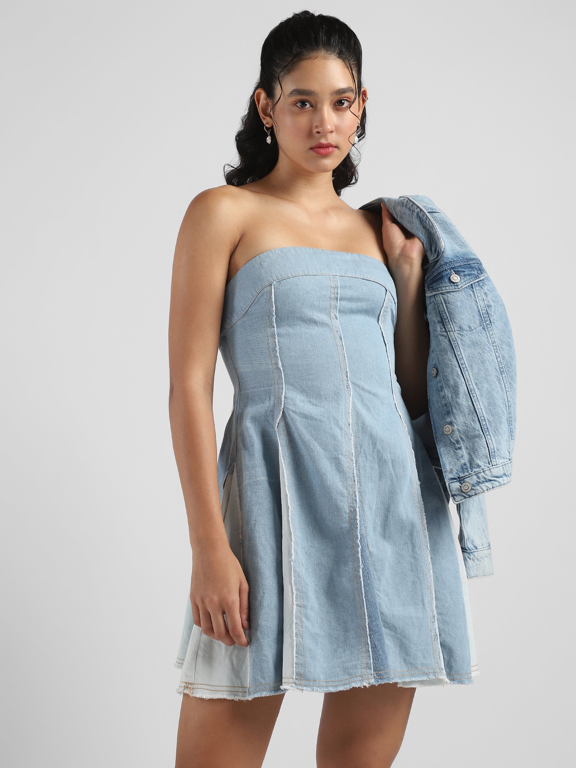 Women Blue Denim Off Shoulder Fit & Flare Dress