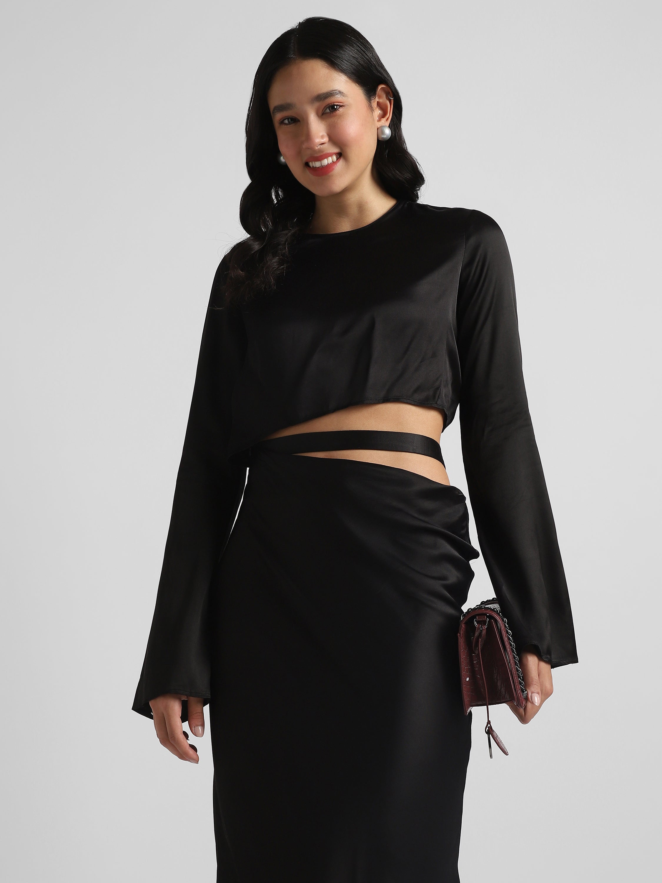 Women Black Maxi Dress with waist cut out